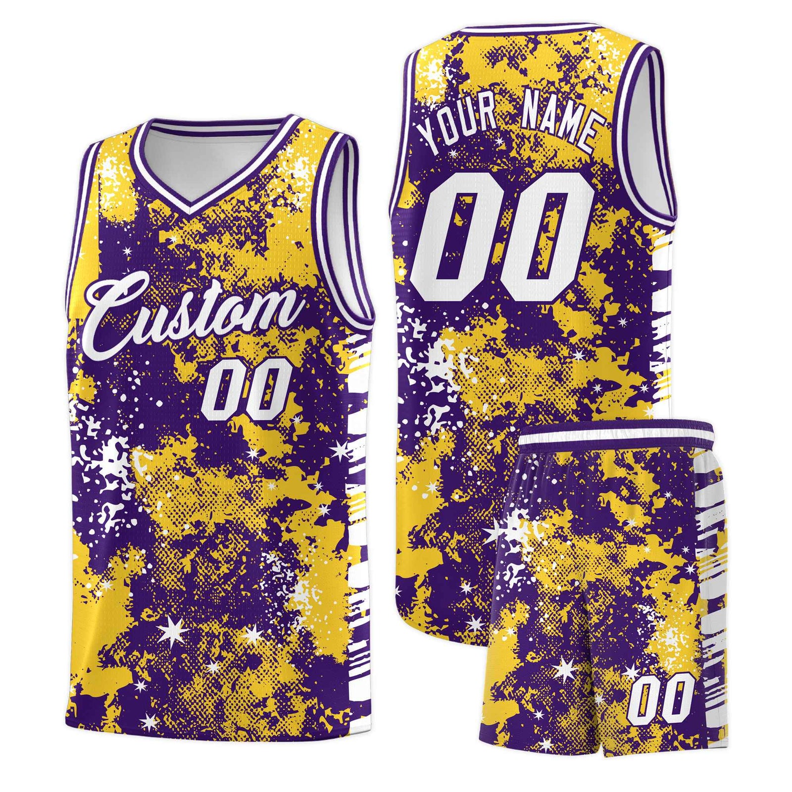 Custom Gold Purple Vice Burst Galactic Graffiti Sublimation Printing Basketball Jersey