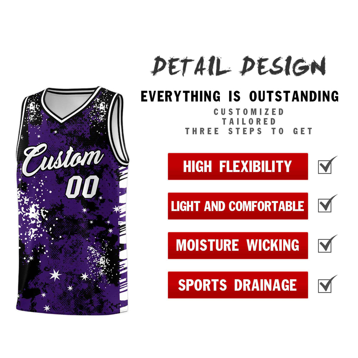 Custom Purple Black Vice Burst Galactic Graffiti Stretch Fabric Basketball Jersey