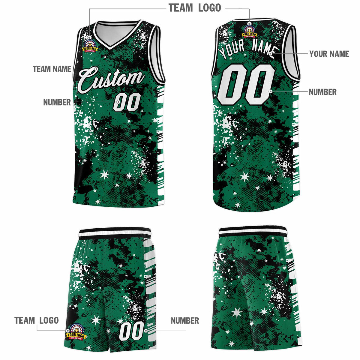 Custom Kelly Green Black Vice Burst Galactic Graffiti Wrinkle-Resistant Basketball Jersey