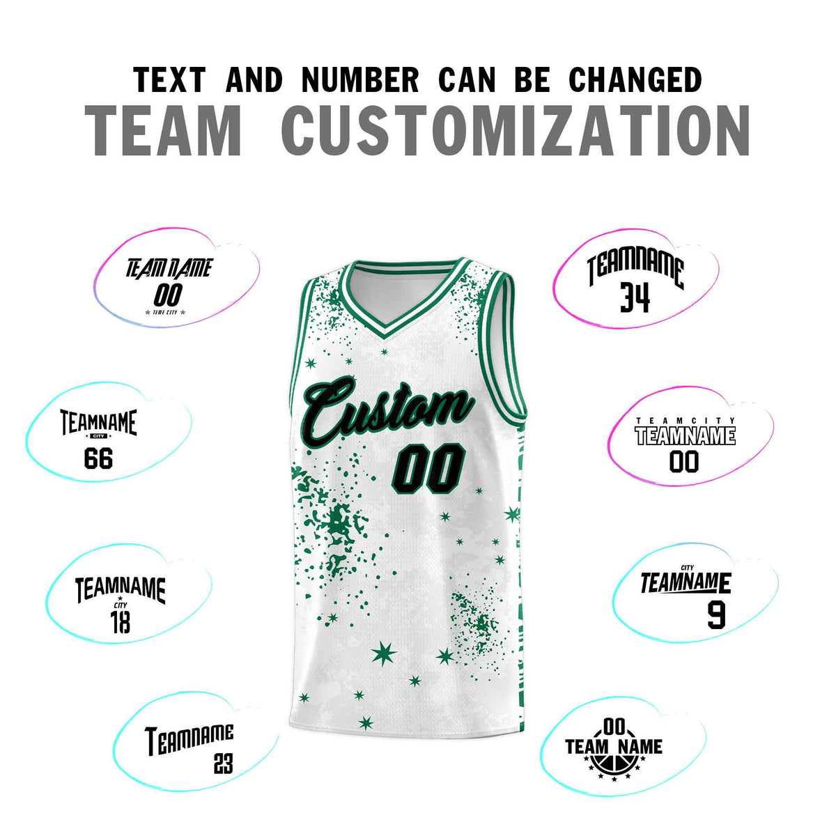 Custom White Kelly Green Vice Burst Galactic Graffiti Breathable Basketball Jersey