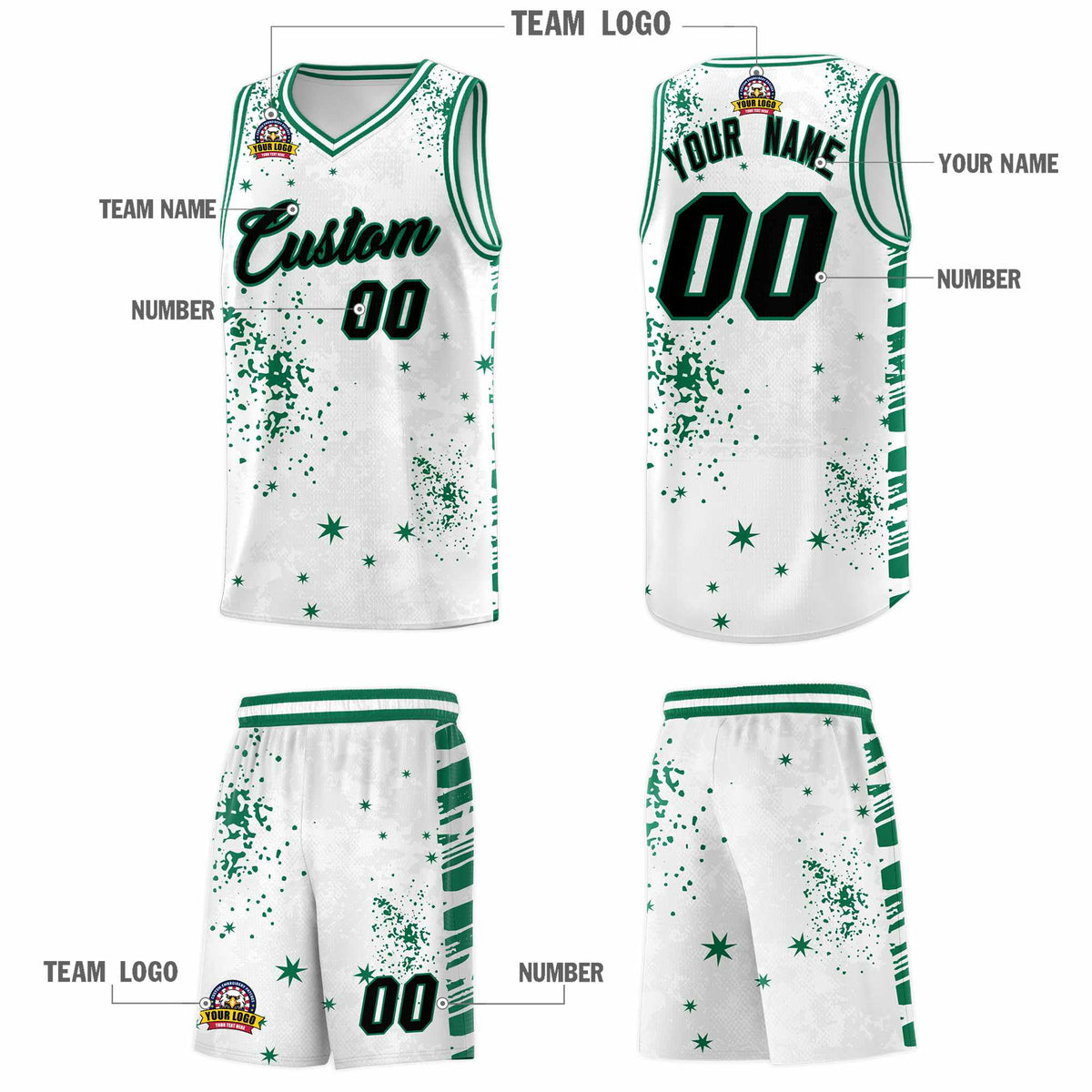 Custom White Kelly Green Vice Burst Galactic Graffiti Breathable Basketball Jersey