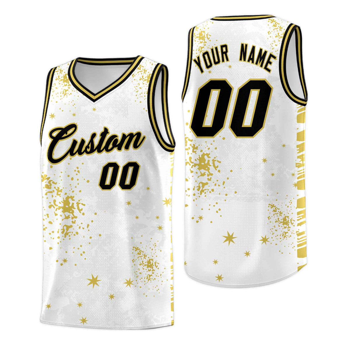 Custom White Old Gold Vice Burst Galactic Graffiti Quick-Drying Basketball Jersey