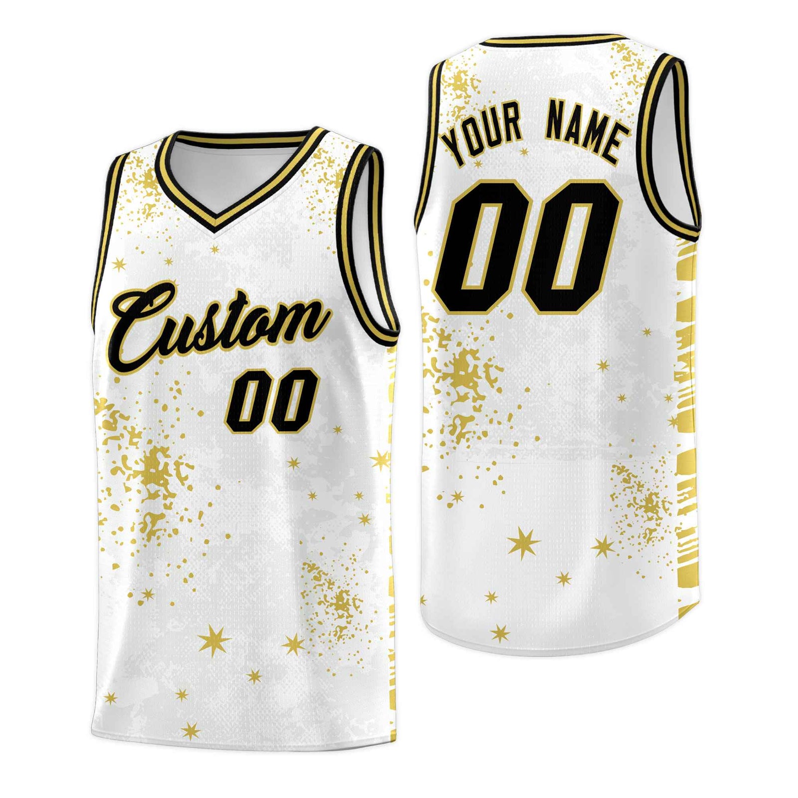 Custom White Old Gold Vice Burst Galactic Graffiti Quick-Drying Basketball Jersey