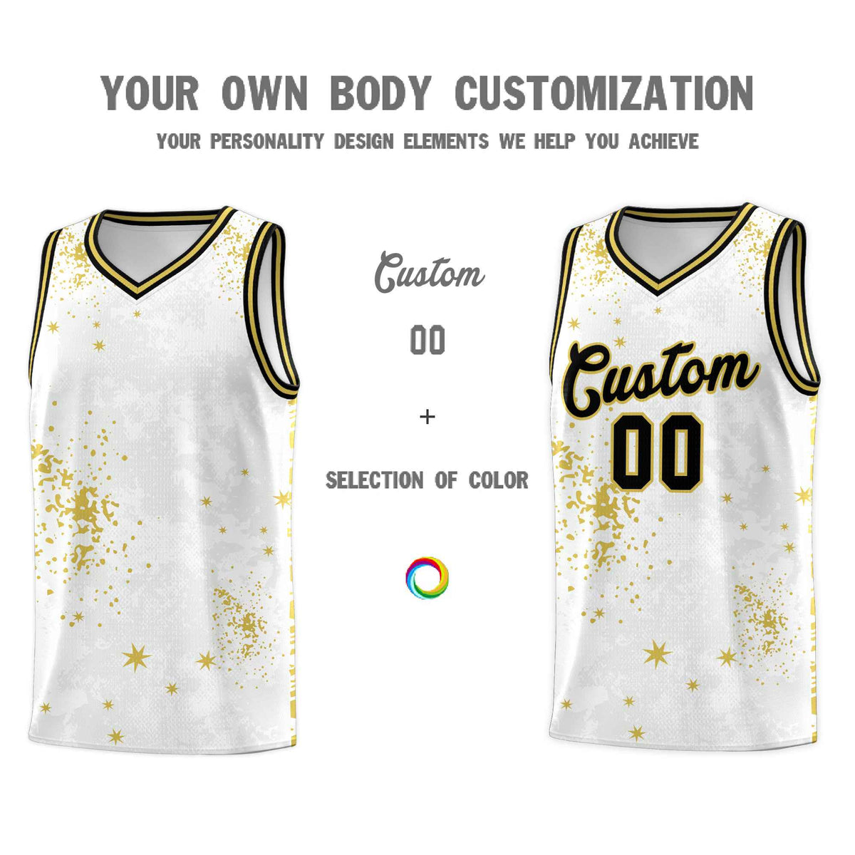 Custom White Old Gold Vice Burst Galactic Graffiti Quick-Drying Basketball Jersey