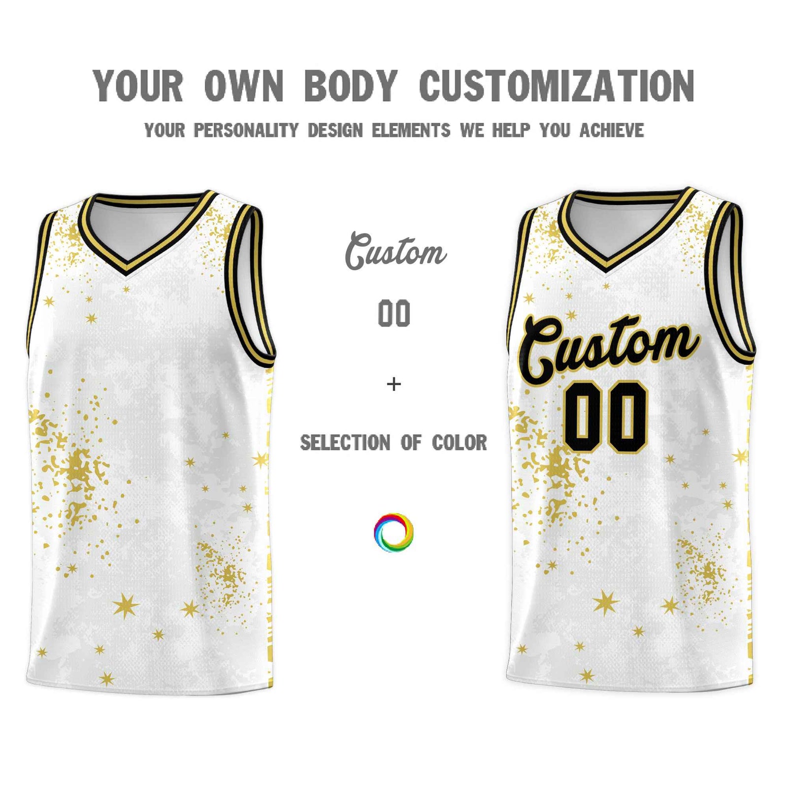 Custom White Old Gold Vice Burst Galactic Graffiti Quick-Drying Basketball Jersey