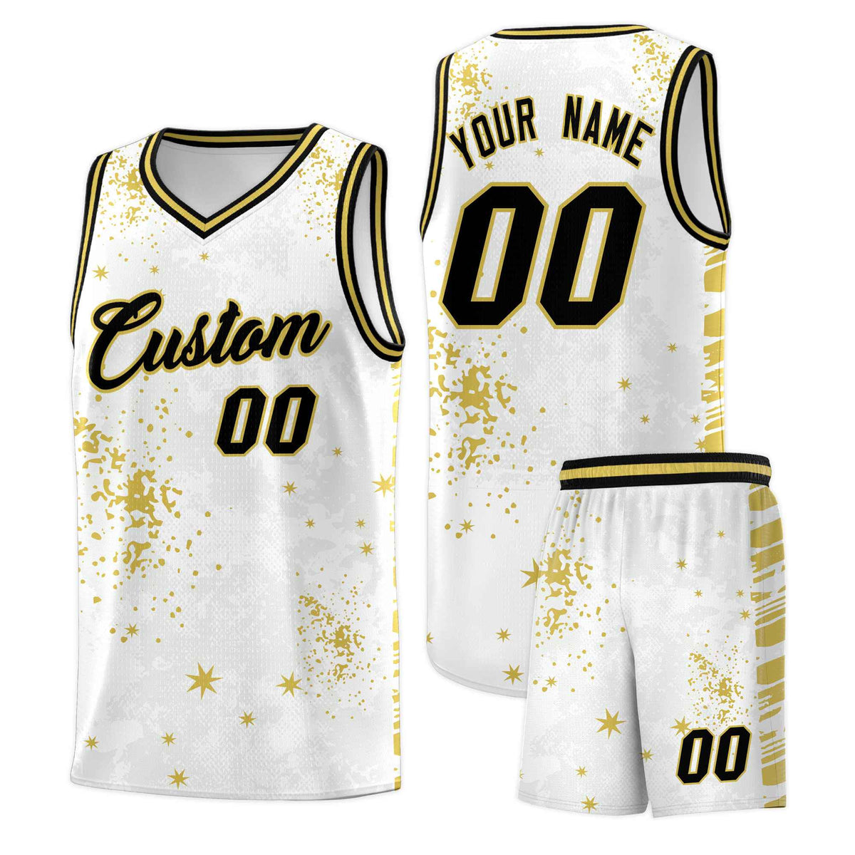 Custom White Old Gold Vice Burst Galactic Graffiti Quick-Drying Basketball Jersey