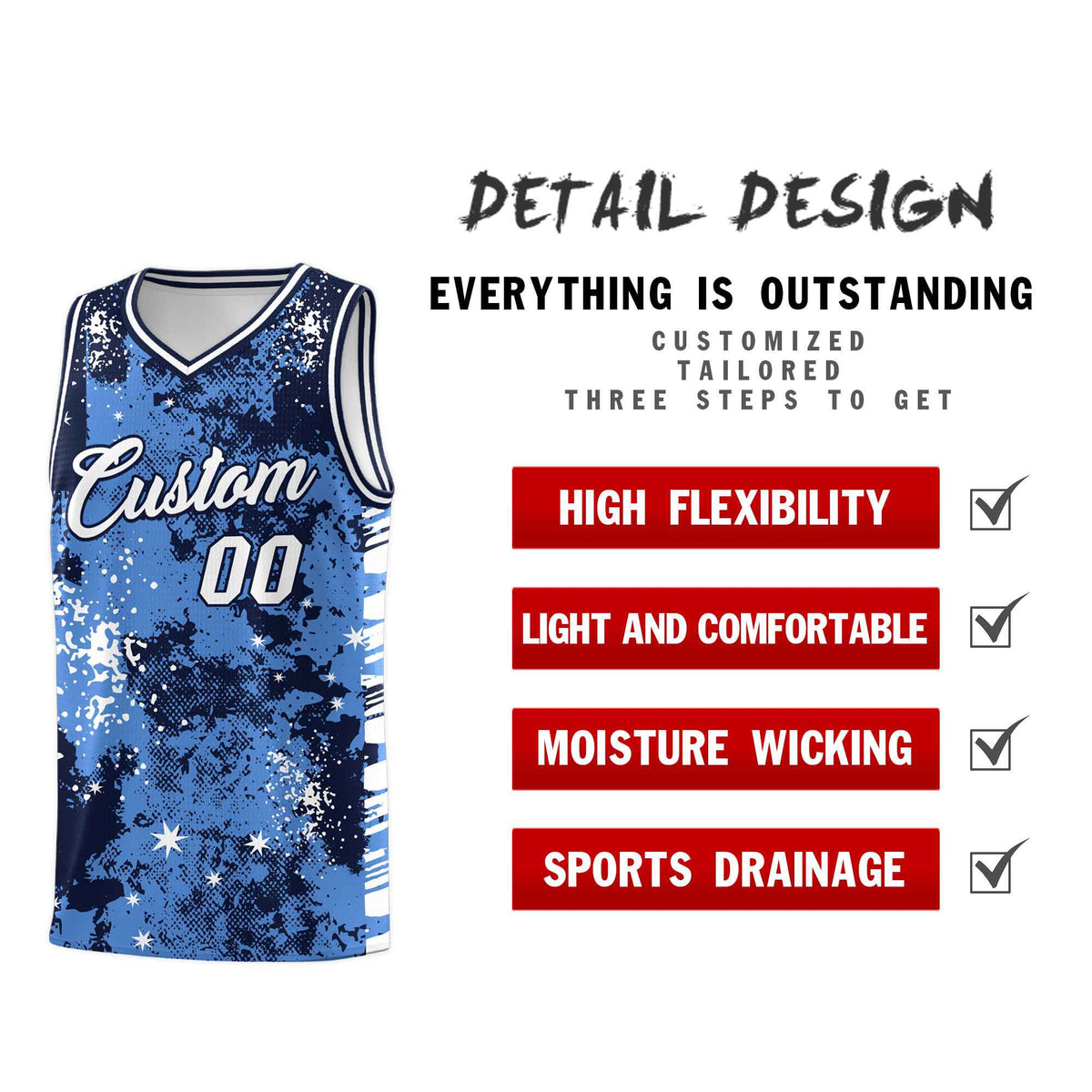 Custom Powder Blue Navy Vice Burst Galactic Graffiti Drapable Basketball Jersey