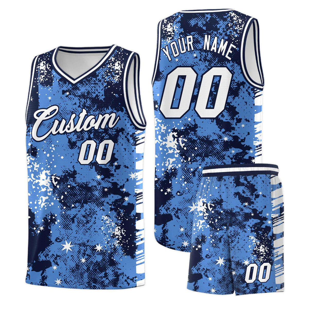 Custom Powder Blue Navy Vice Burst Galactic Graffiti Drapable Basketball Jersey