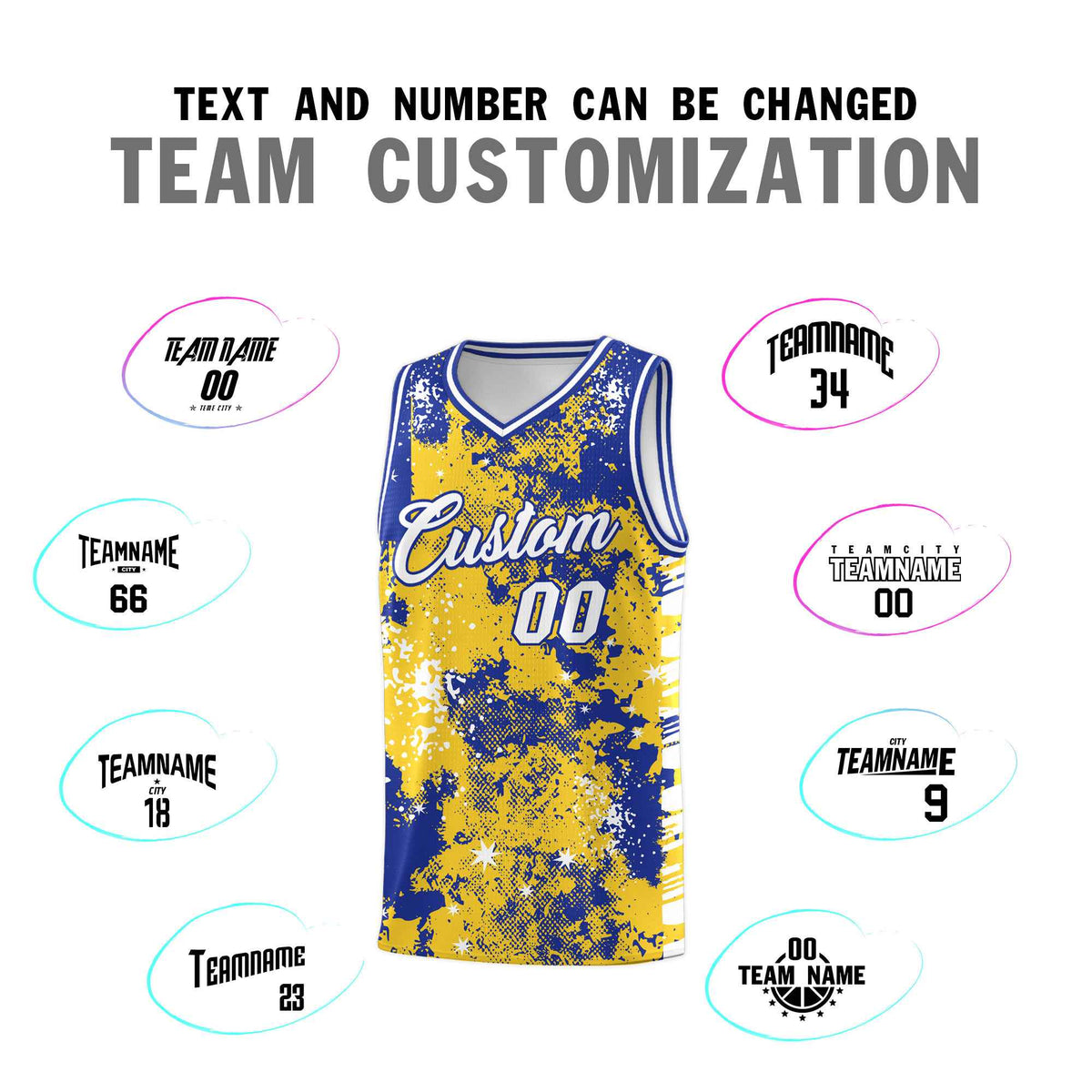 Custom Gold Royal Blue Vice Burst Galactic Graffiti Sublimation Printing Basketball Jersey