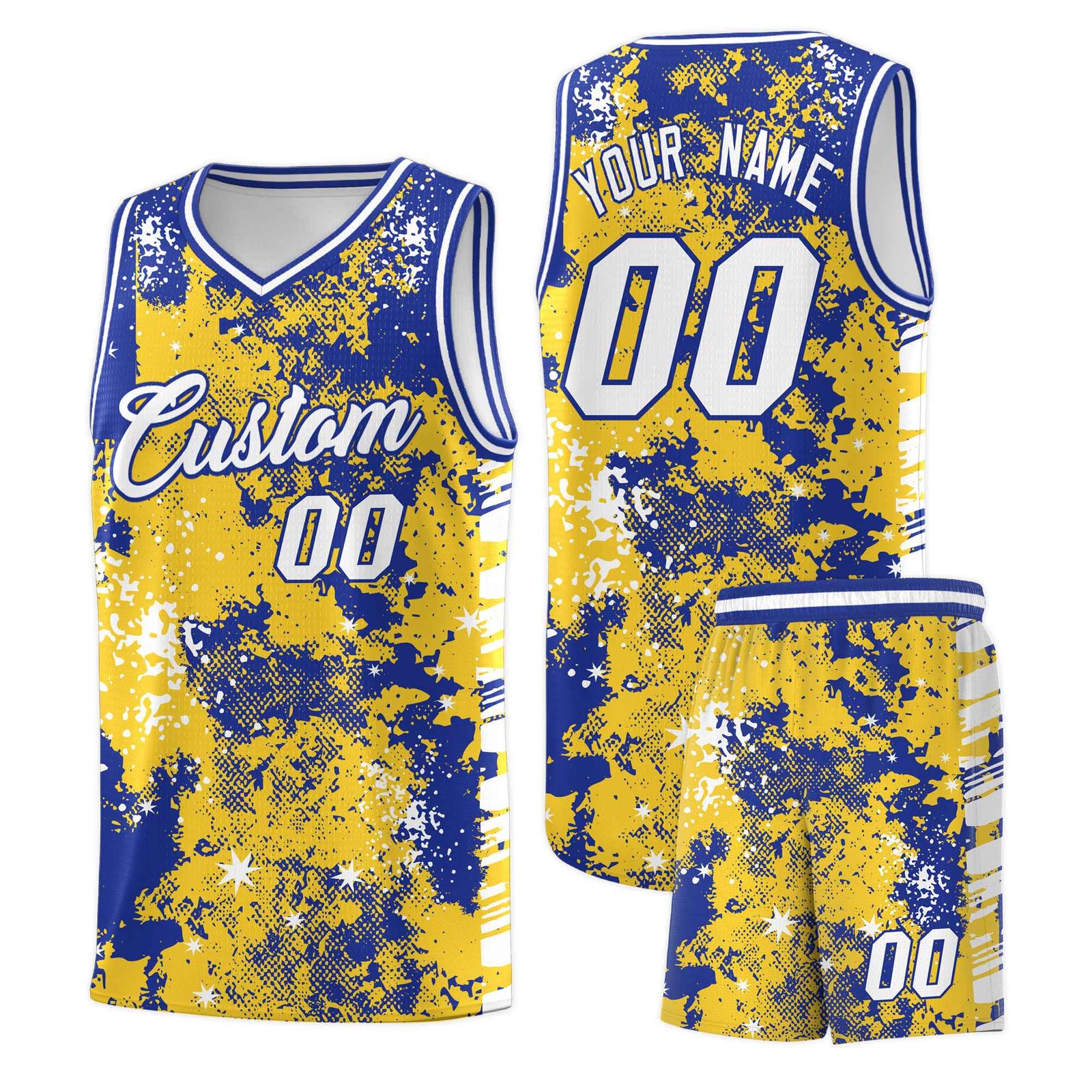 Custom Gold Royal Blue Vice Burst Galactic Graffiti Sublimation Printing Basketball Jersey