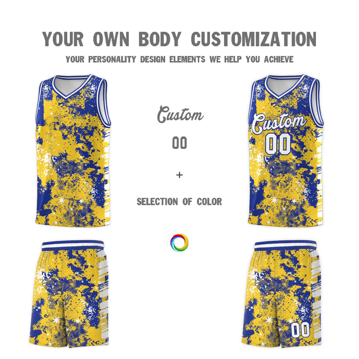 Custom Gold Royal Blue Vice Burst Galactic Graffiti Sublimation Printing Basketball Jersey