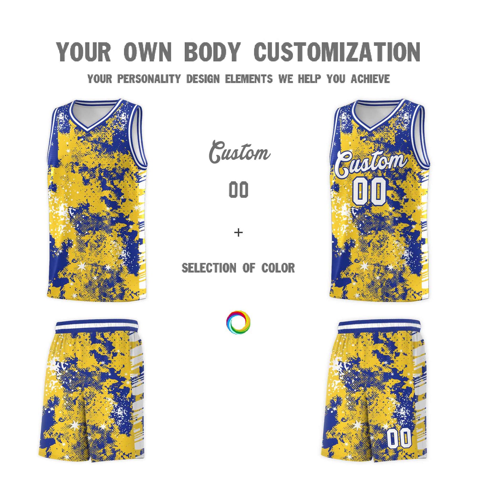 Custom Gold Royal Blue Vice Burst Galactic Graffiti Sublimation Printing Basketball Jersey