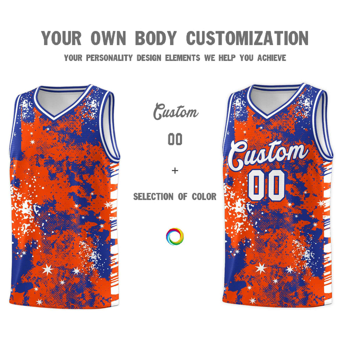 Custom Orange Royal Blue Vice Burst Galactic Graffiti Moisture-Wicking Basketball Jersey