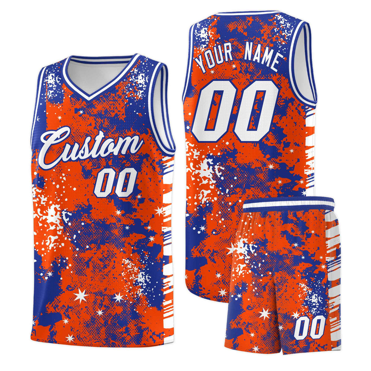 Custom Orange Royal Blue Vice Burst Galactic Graffiti Moisture-Wicking Basketball Jersey