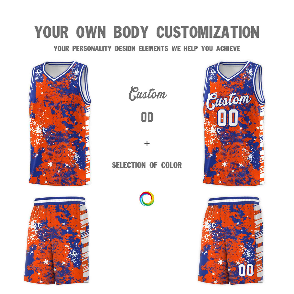 Custom Orange Royal Blue Vice Burst Galactic Graffiti Moisture-Wicking Basketball Jersey
