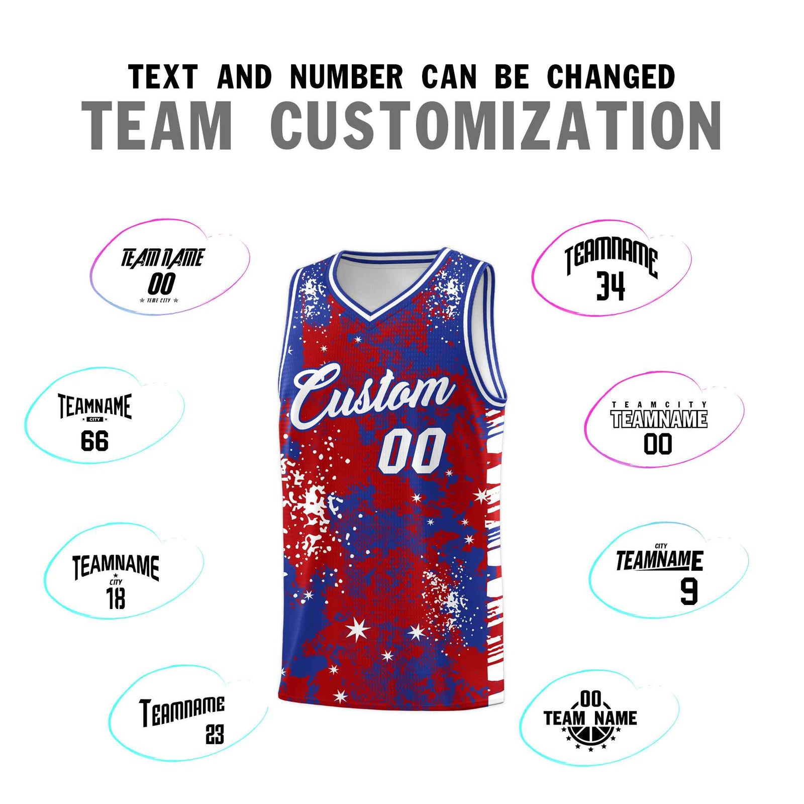 Custom Red Royal Blue Vice Burst Galactic Graffiti Wrinkle-Resistant Basketball Jersey