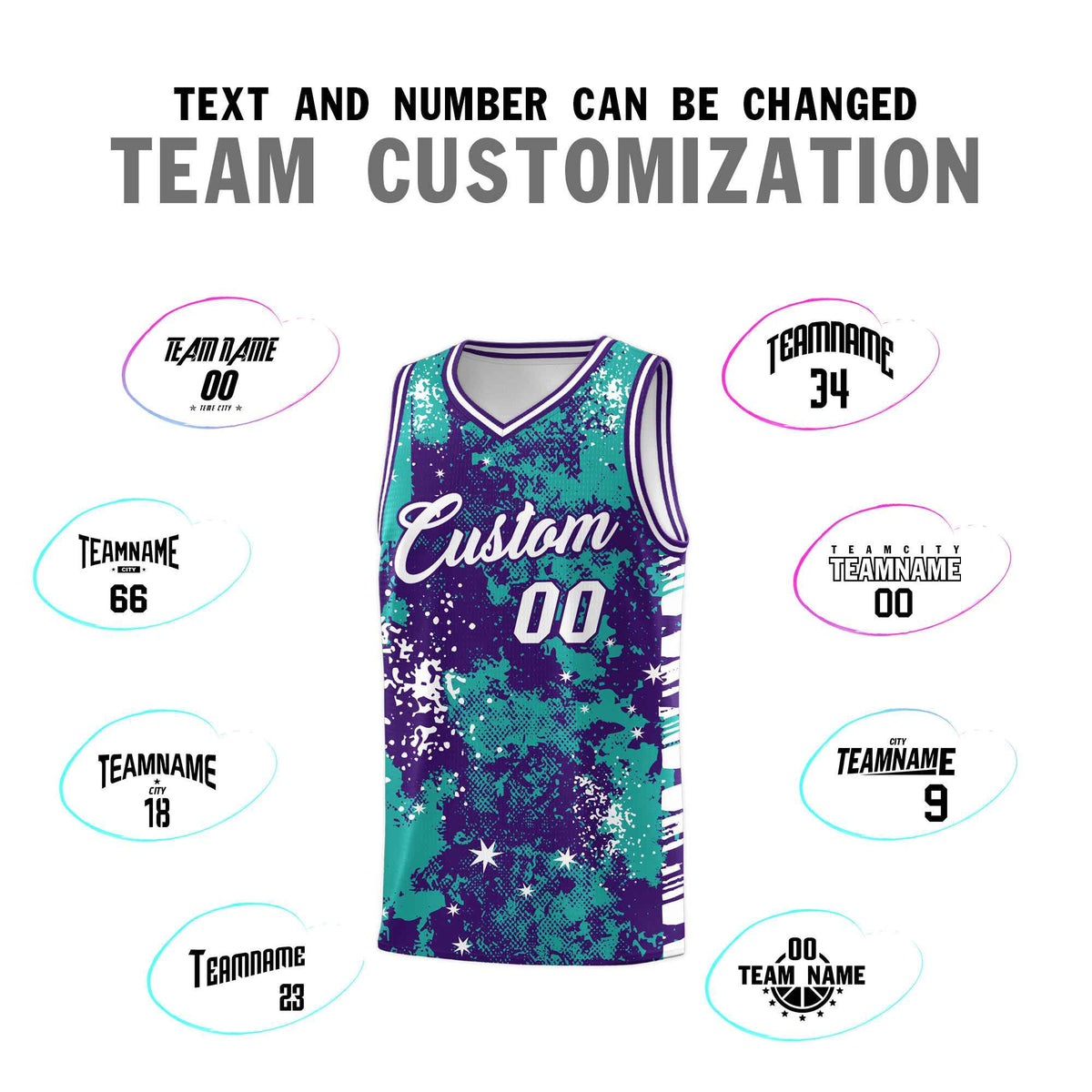 Custom Aqua Purple Vice Burst Galactic Graffiti Breathable Basketball Jersey