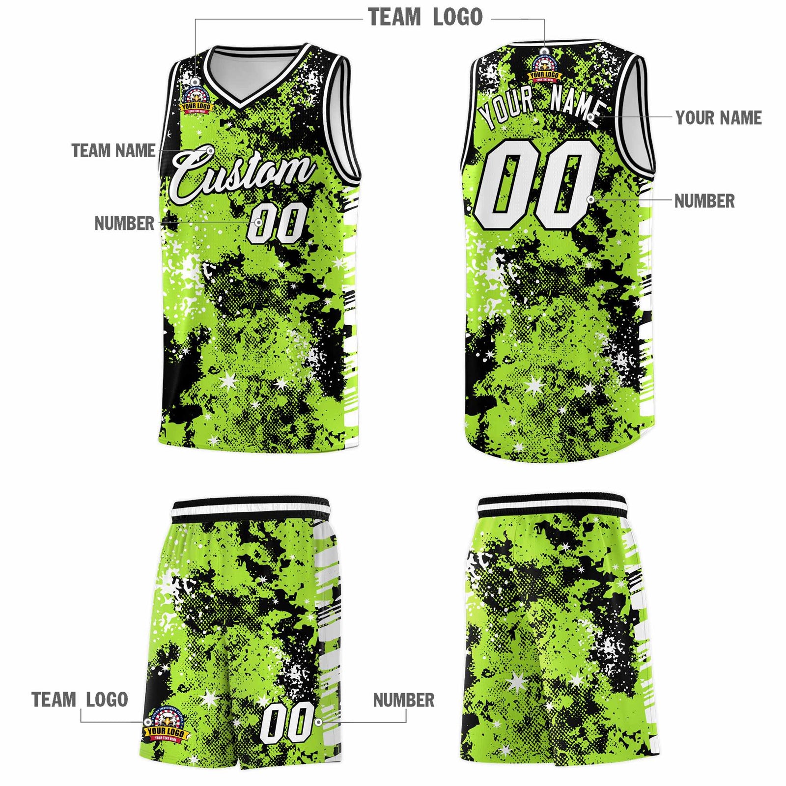 Custom Neon Green Black Vice Burst Galactic Graffiti Lightweight Basketball Jersey