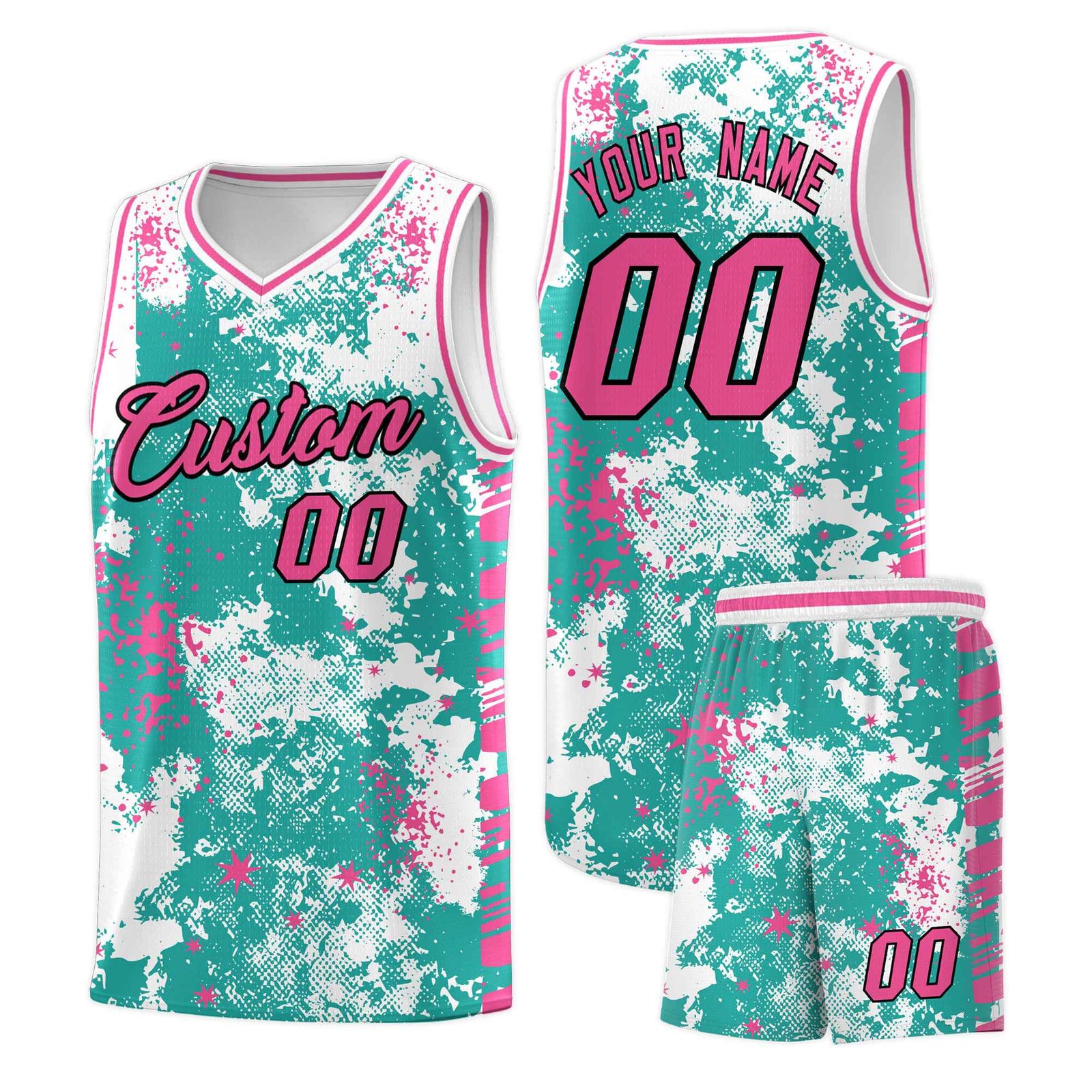 Custom Aqua Pink Vice Burst Galactic Graffiti Quick-Drying Basketball Jersey
