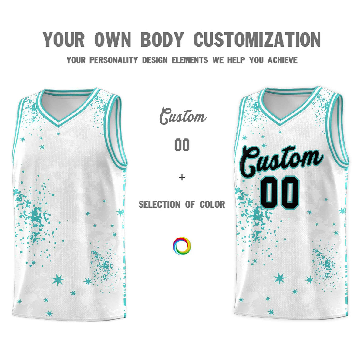 Custom White Light Teal Vice Burst Galactic Graffiti Sublimation Printing Basketball Jersey