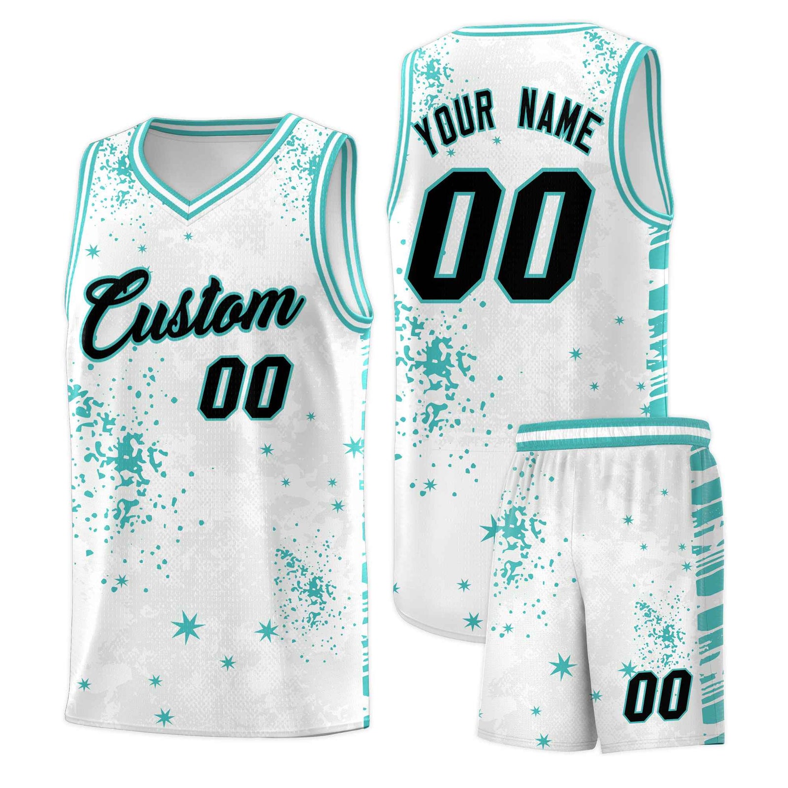 Custom White Light Teal Vice Burst Galactic Graffiti Sublimation Printing Basketball Jersey