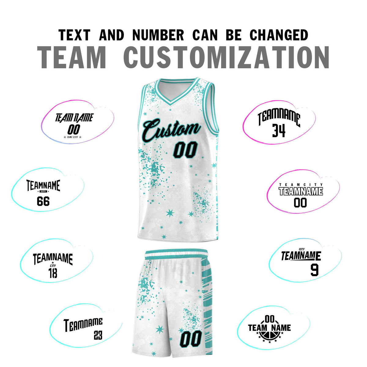 Custom White Light Teal Vice Burst Galactic Graffiti Sublimation Printing Basketball Jersey