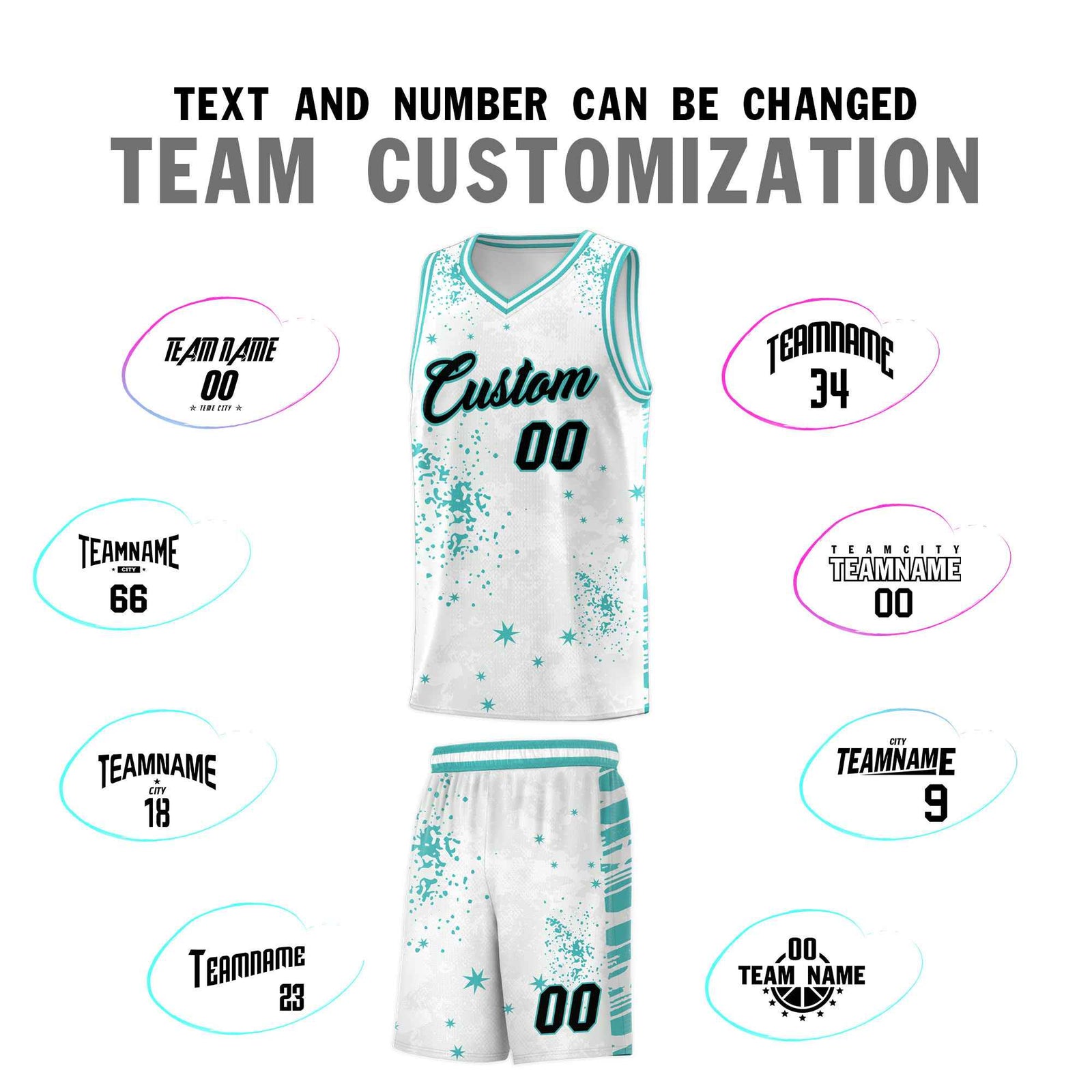Custom White Light Teal Vice Burst Galactic Graffiti Sublimation Printing Basketball Jersey