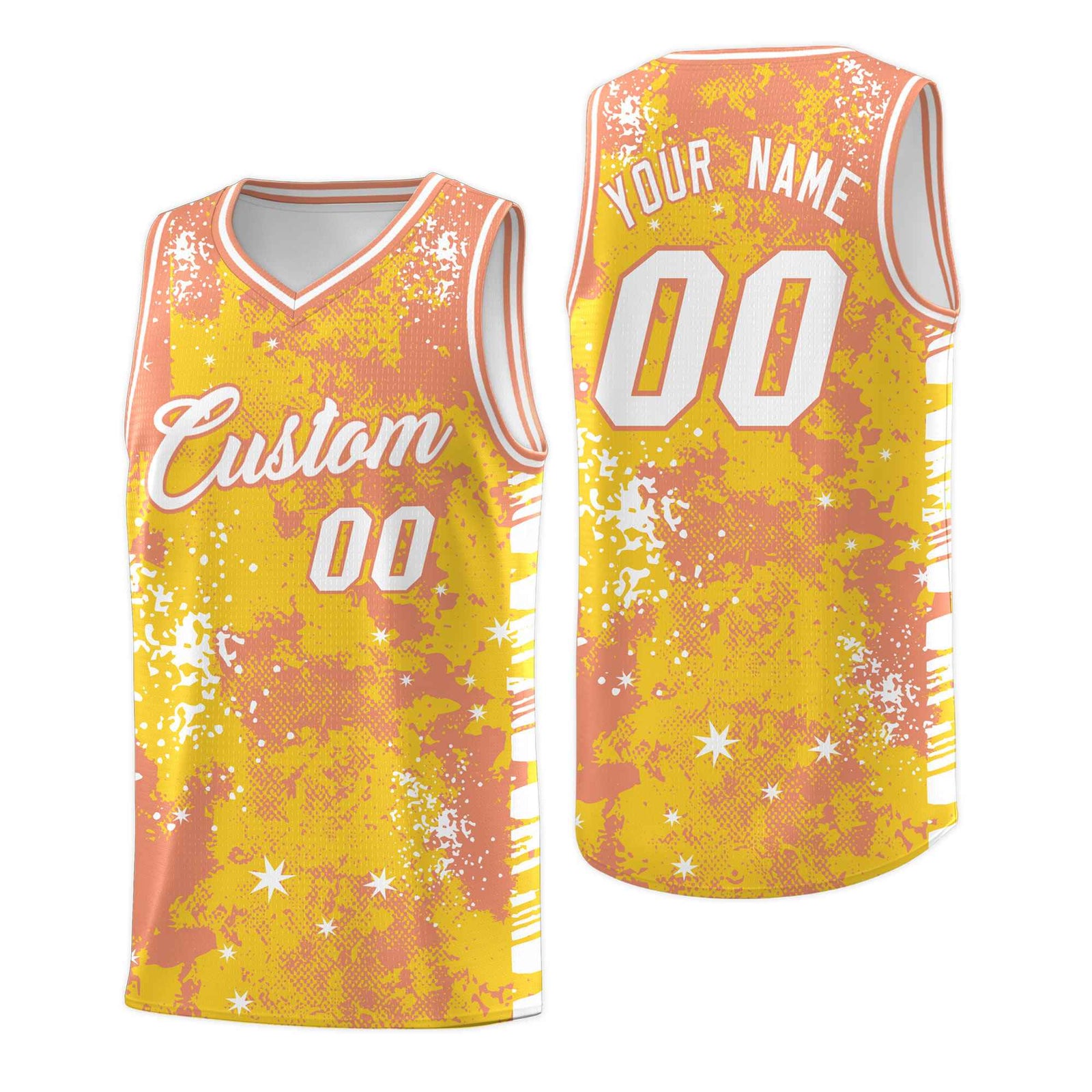 Custom Gold Light Orange Vice Burst Galactic Graffiti Stretch Fabric Basketball Jersey