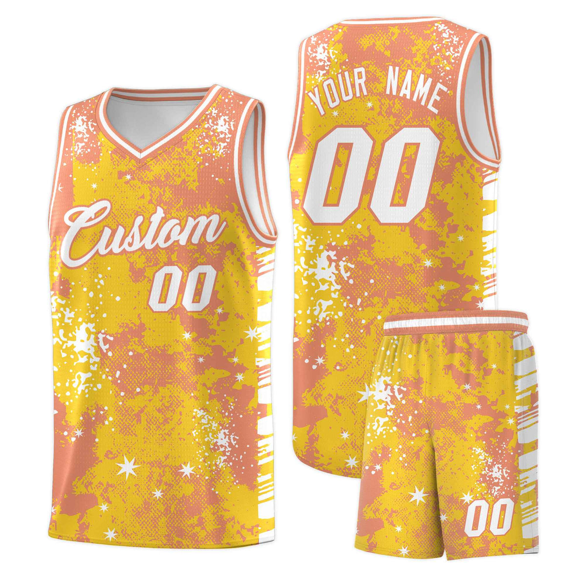 Custom Gold Light Orange Vice Burst Galactic Graffiti Stretch Fabric Basketball Jersey