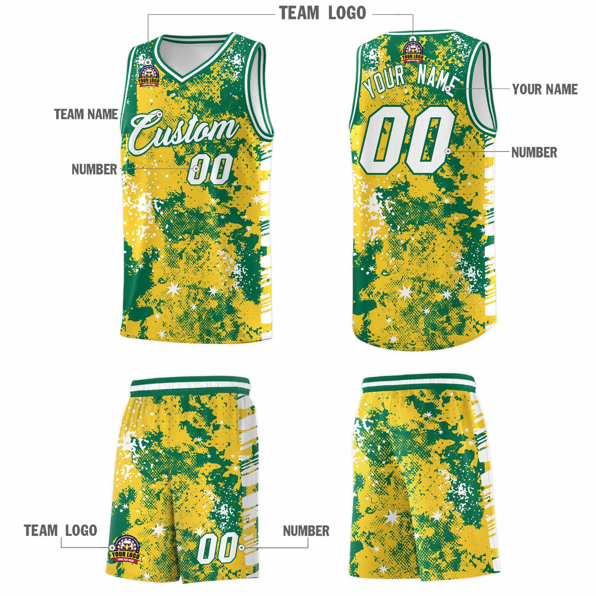 Custom Gold Kelly Green Vice Burst Galactic Graffiti Wrinkle-Resistant Basketball Jersey