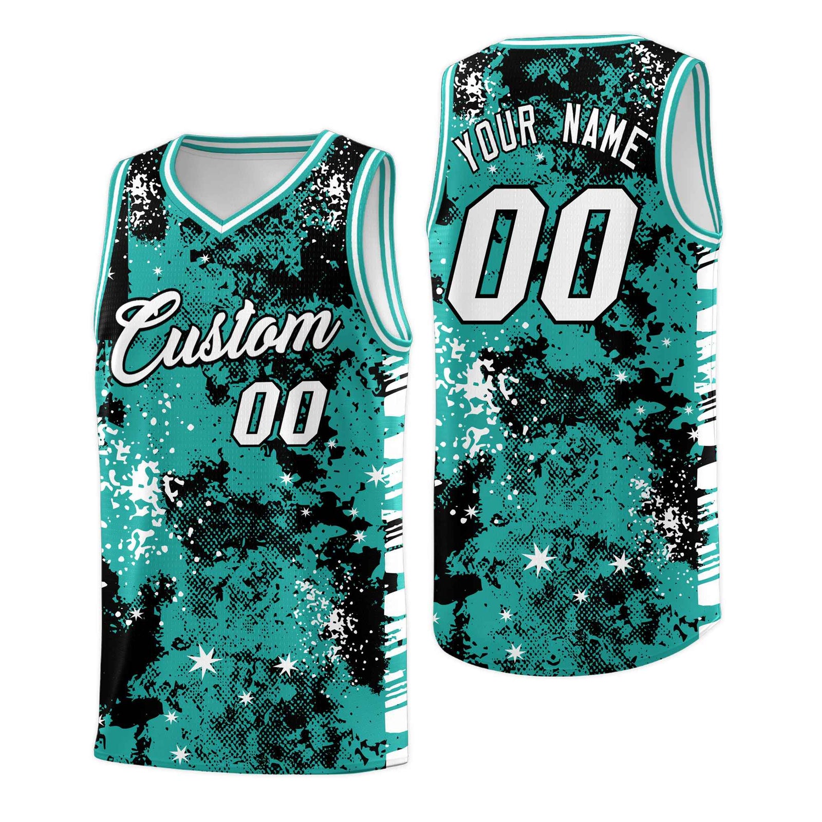 Custom Black Light Teal Vice Burst Galactic Graffiti Breathable Basketball Jersey