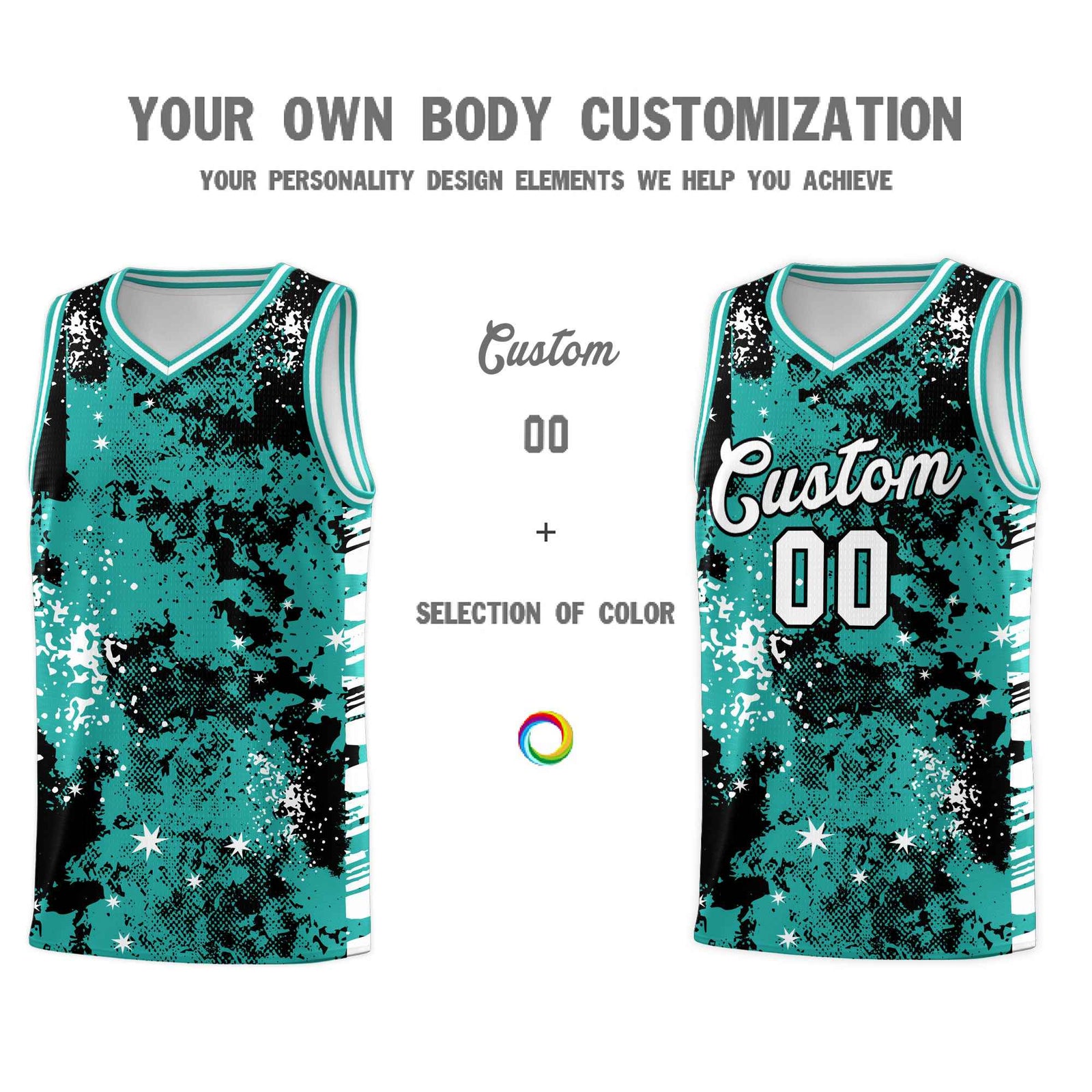 Custom Black Light Teal Vice Burst Galactic Graffiti Breathable Basketball Jersey