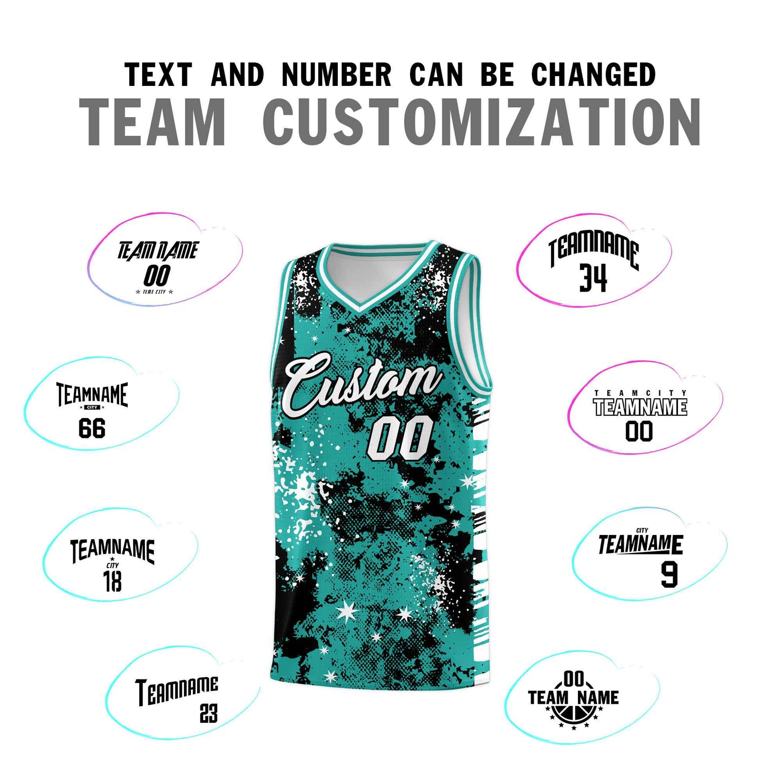 Custom Black Light Teal Vice Burst Galactic Graffiti Breathable Basketball Jersey