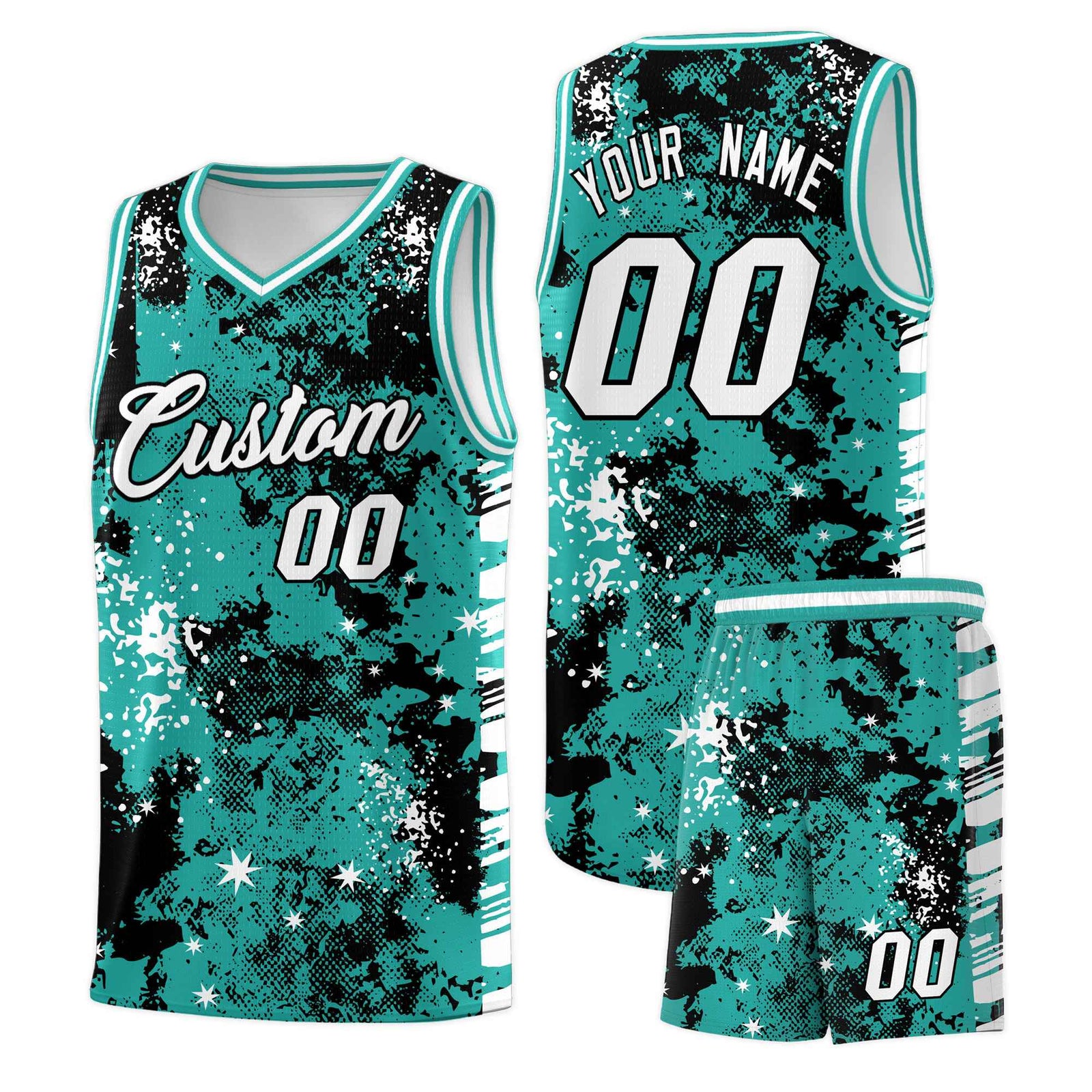 Custom Black Light Teal Vice Burst Galactic Graffiti Breathable Basketball Jersey