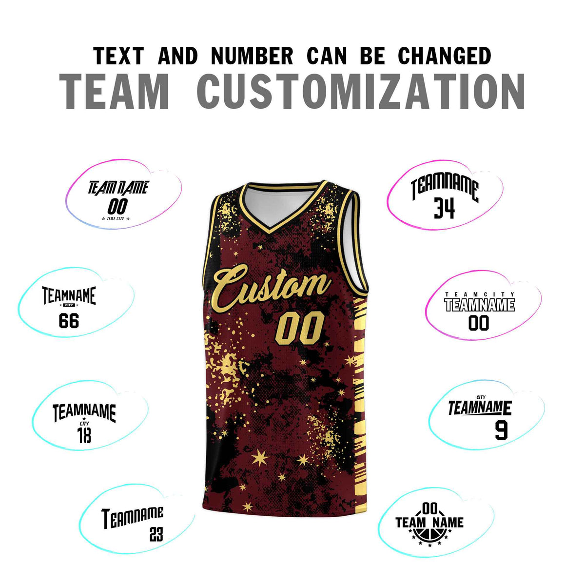 Custom Burgundy Black Vice Burst Galactic Graffiti Quick-Drying Basketball Jersey