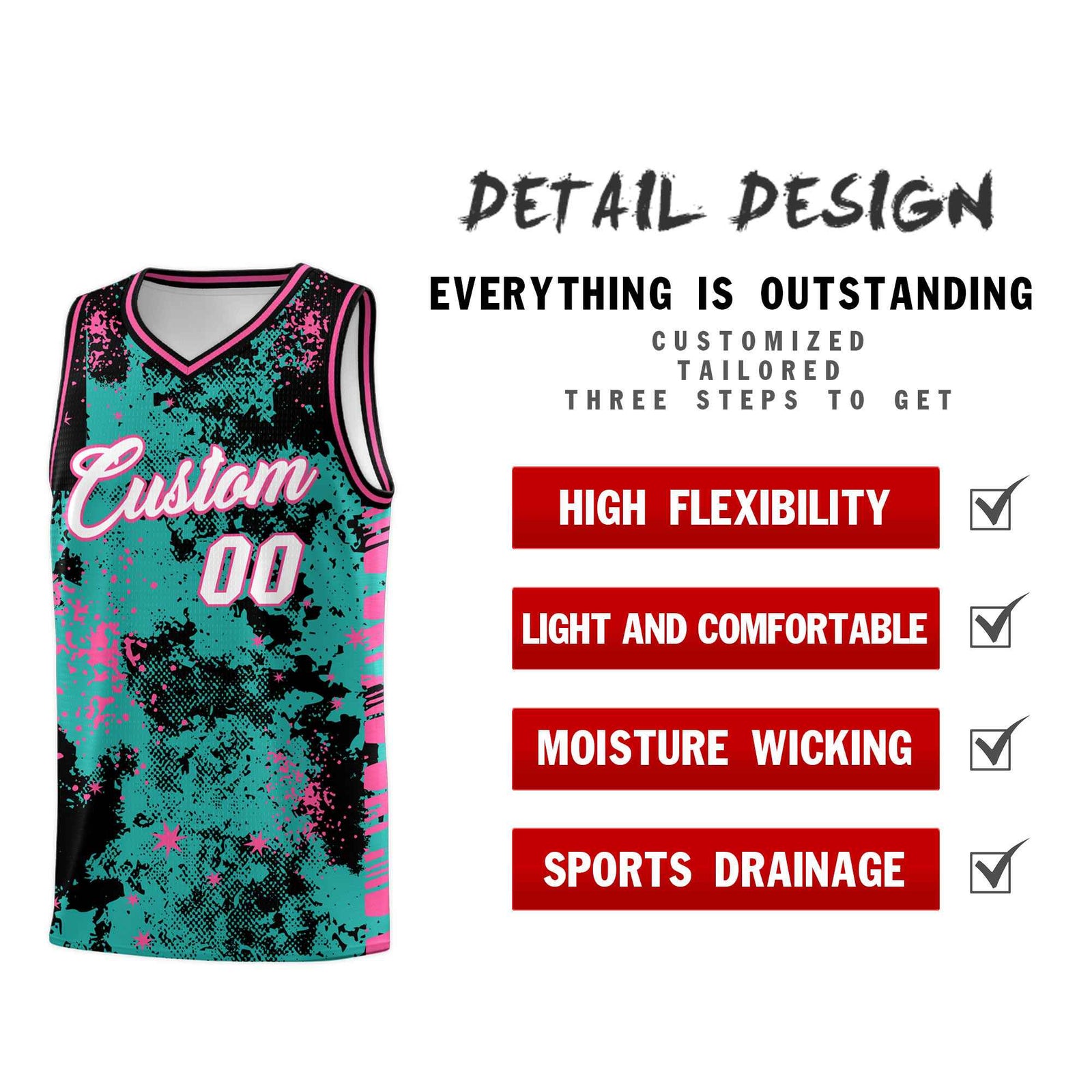 Custom Aqua Black Vice Burst Galactic Graffiti Drapable Basketball Jersey