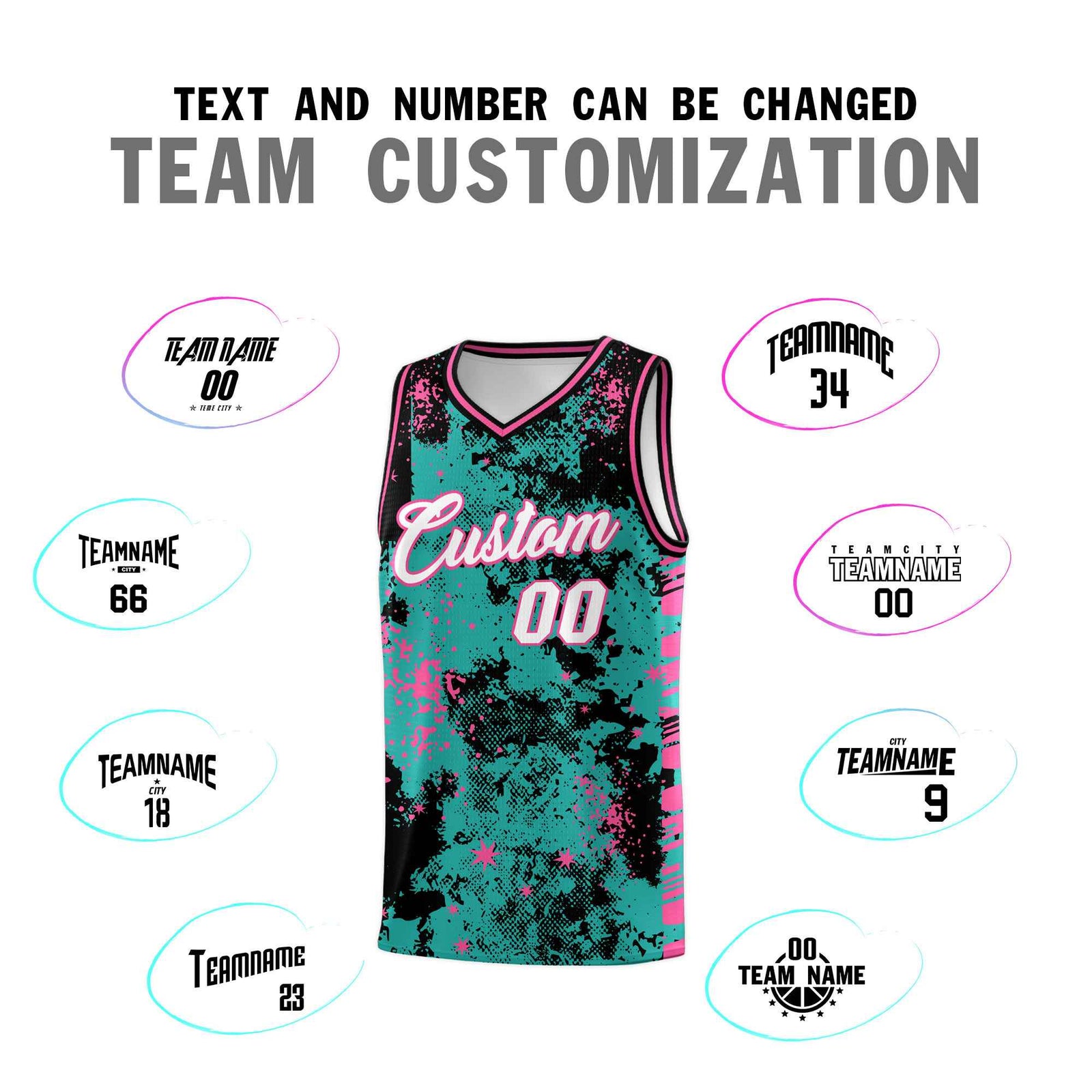Custom Aqua Black Vice Burst Galactic Graffiti Drapable Basketball Jersey