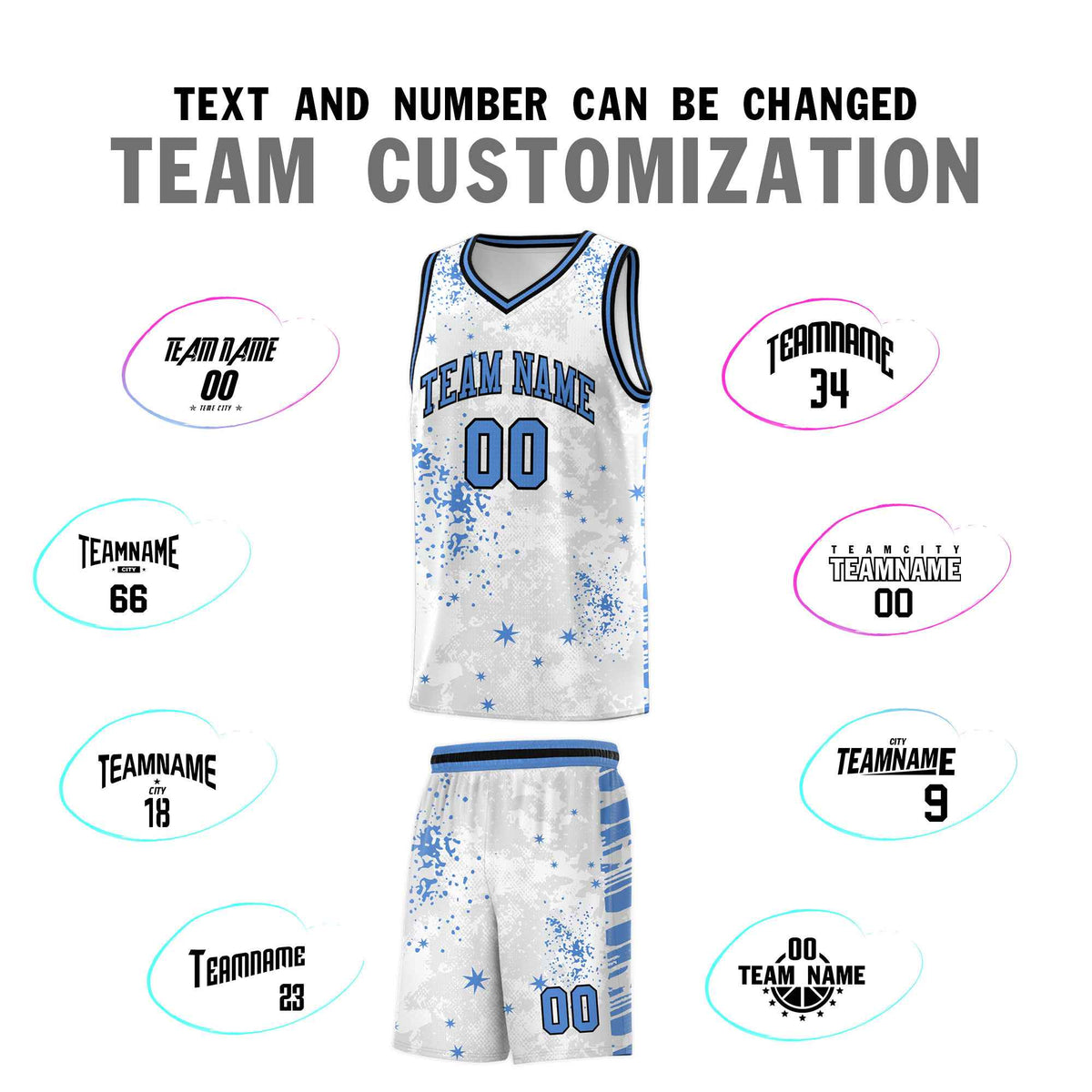 Custom White Powder Blue Vice Burst Galactic Graffiti Quick-Drying Basketball Jersey