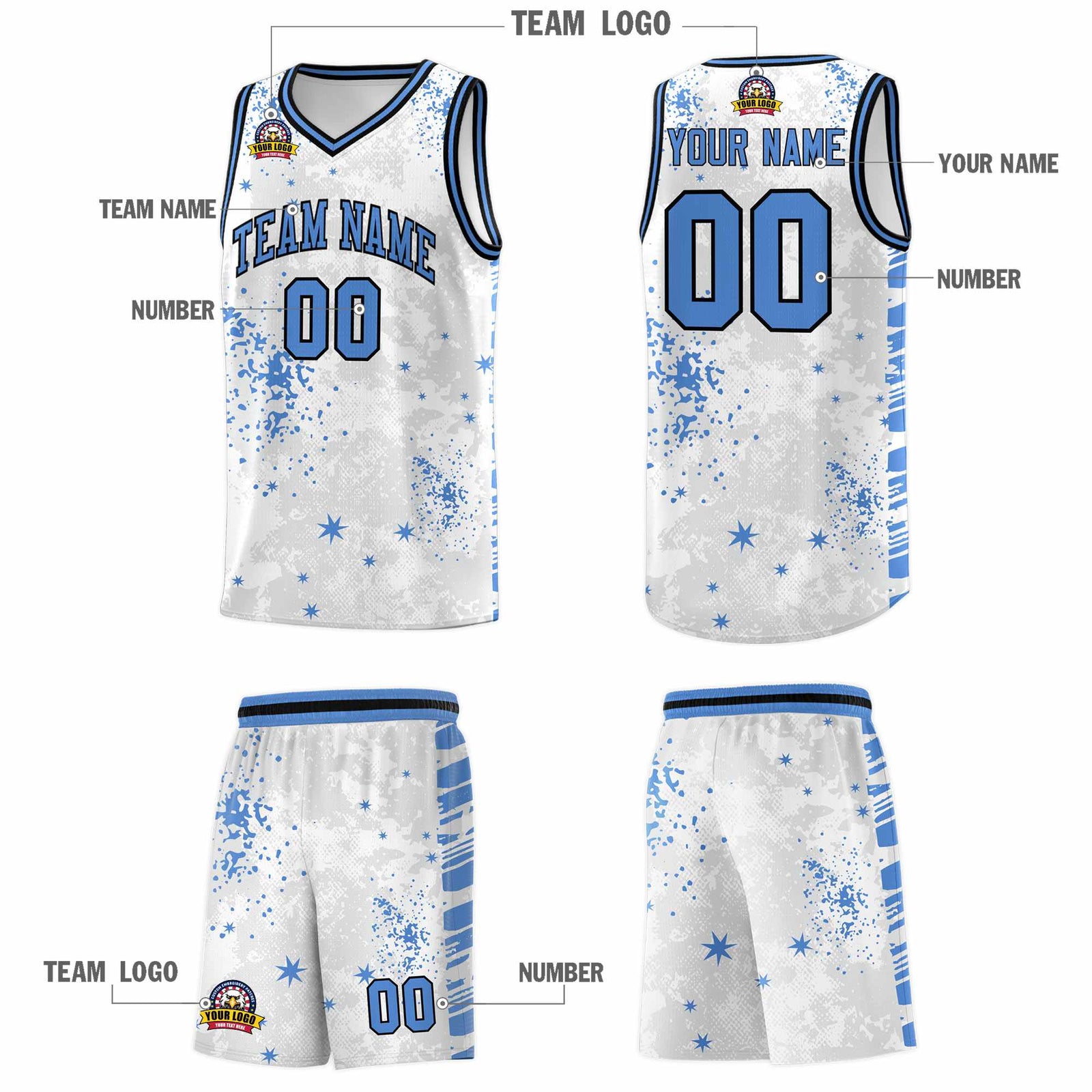 Custom White Powder Blue Vice Burst Galactic Graffiti Quick-Drying Basketball Jersey