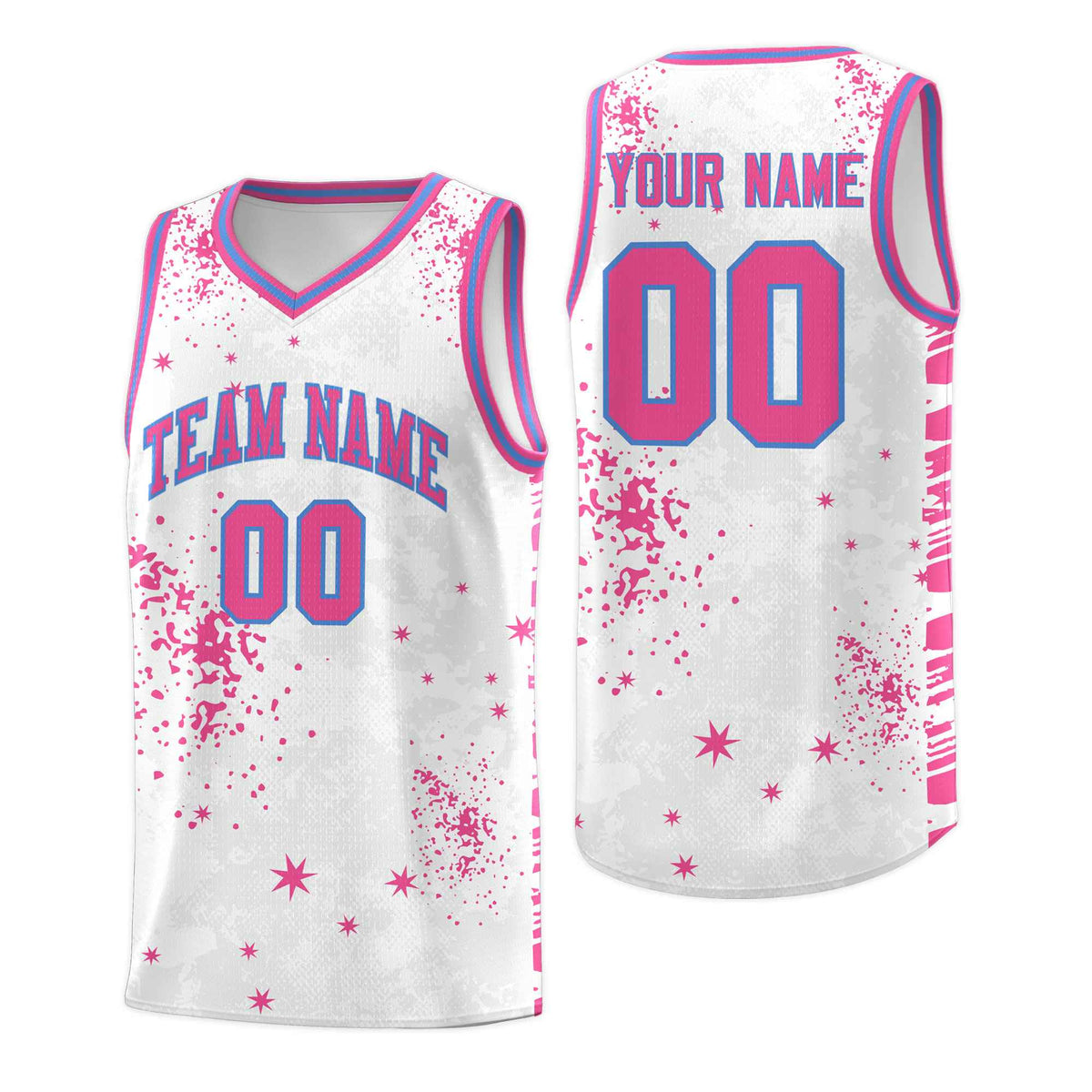 Custom Pink Powder Blue Vice Burst Galactic Graffiti Sublimation Printing Basketball Jersey