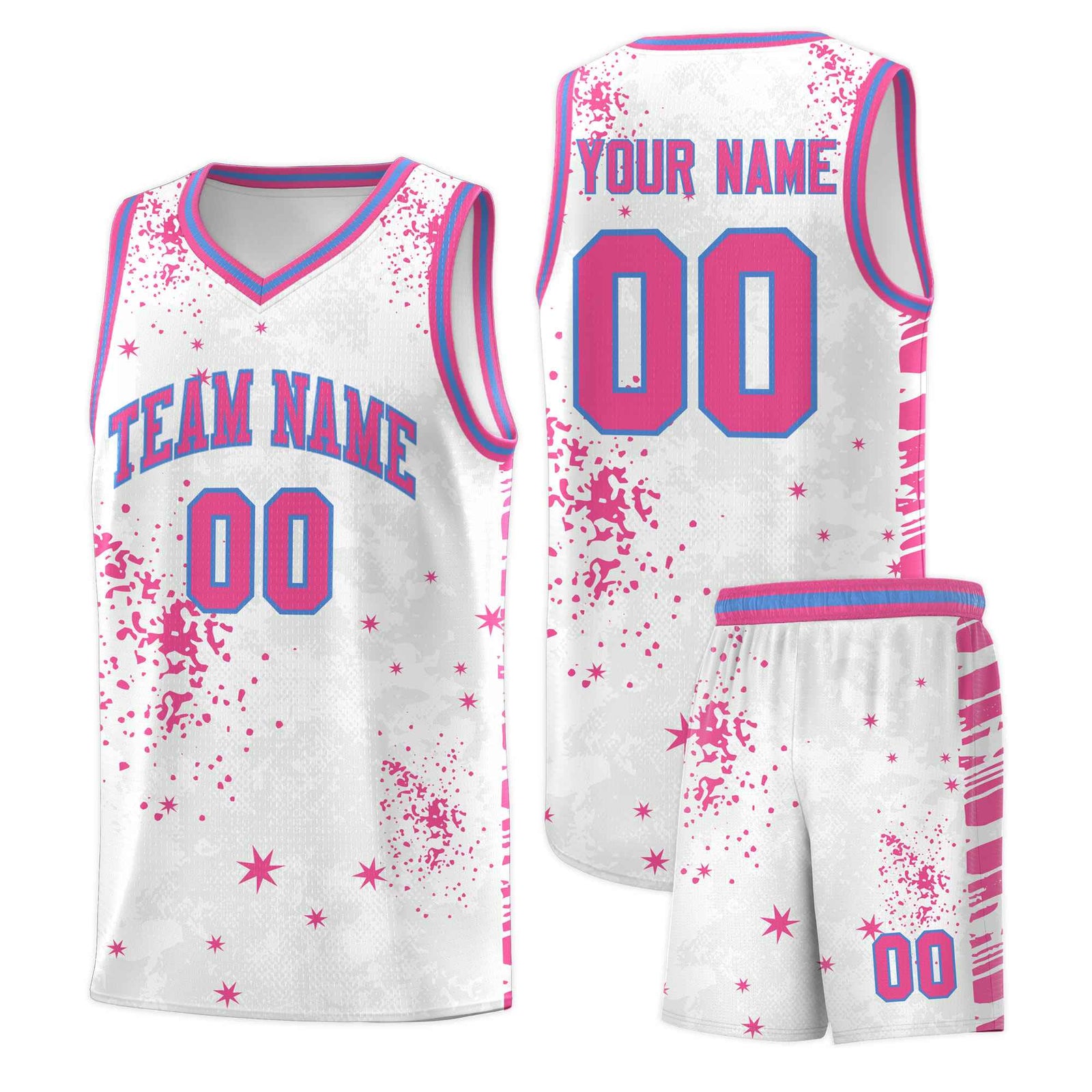 Custom Pink Powder Blue Vice Burst Galactic Graffiti Sublimation Printing Basketball Jersey