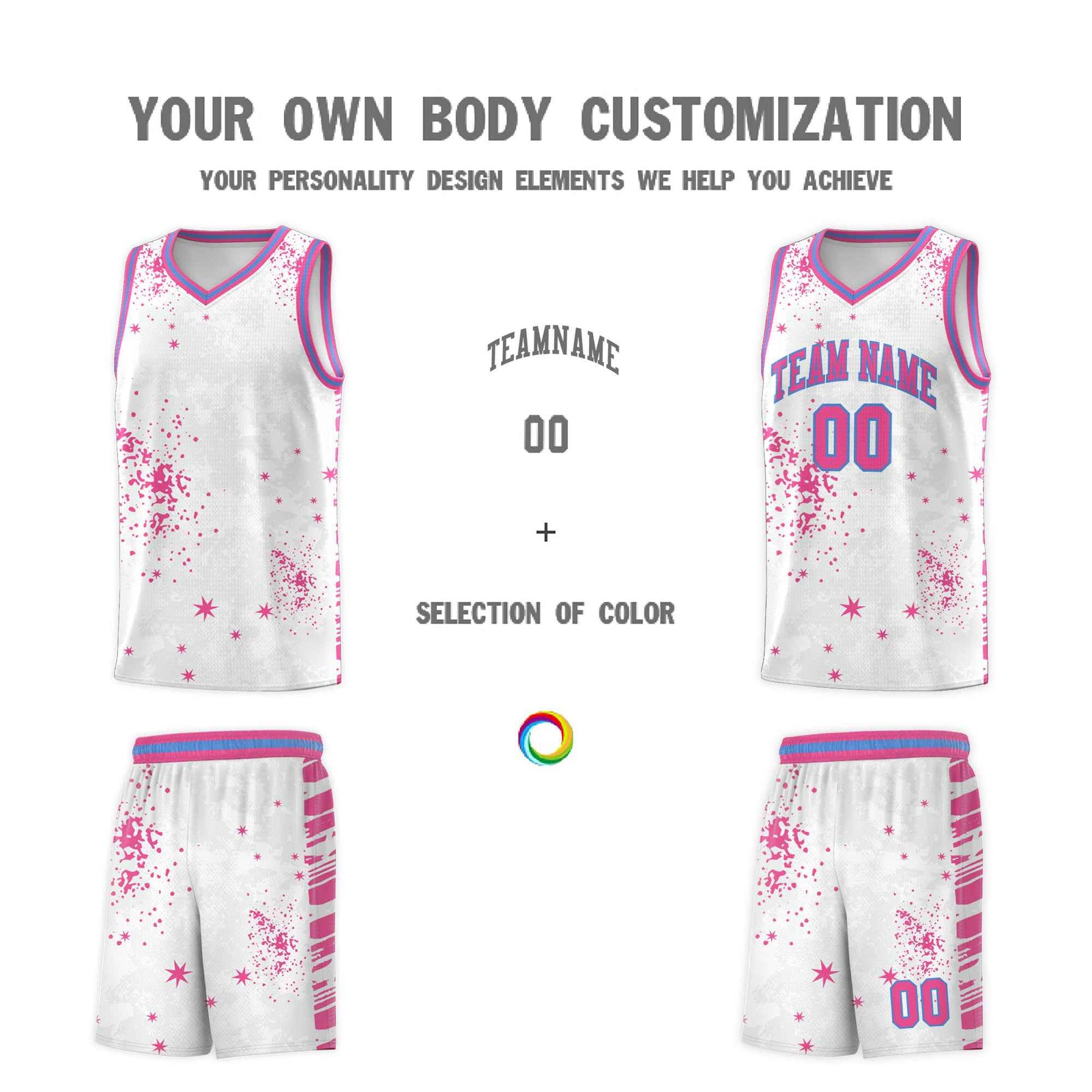 Custom Pink Powder Blue Vice Burst Galactic Graffiti Sublimation Printing Basketball Jersey