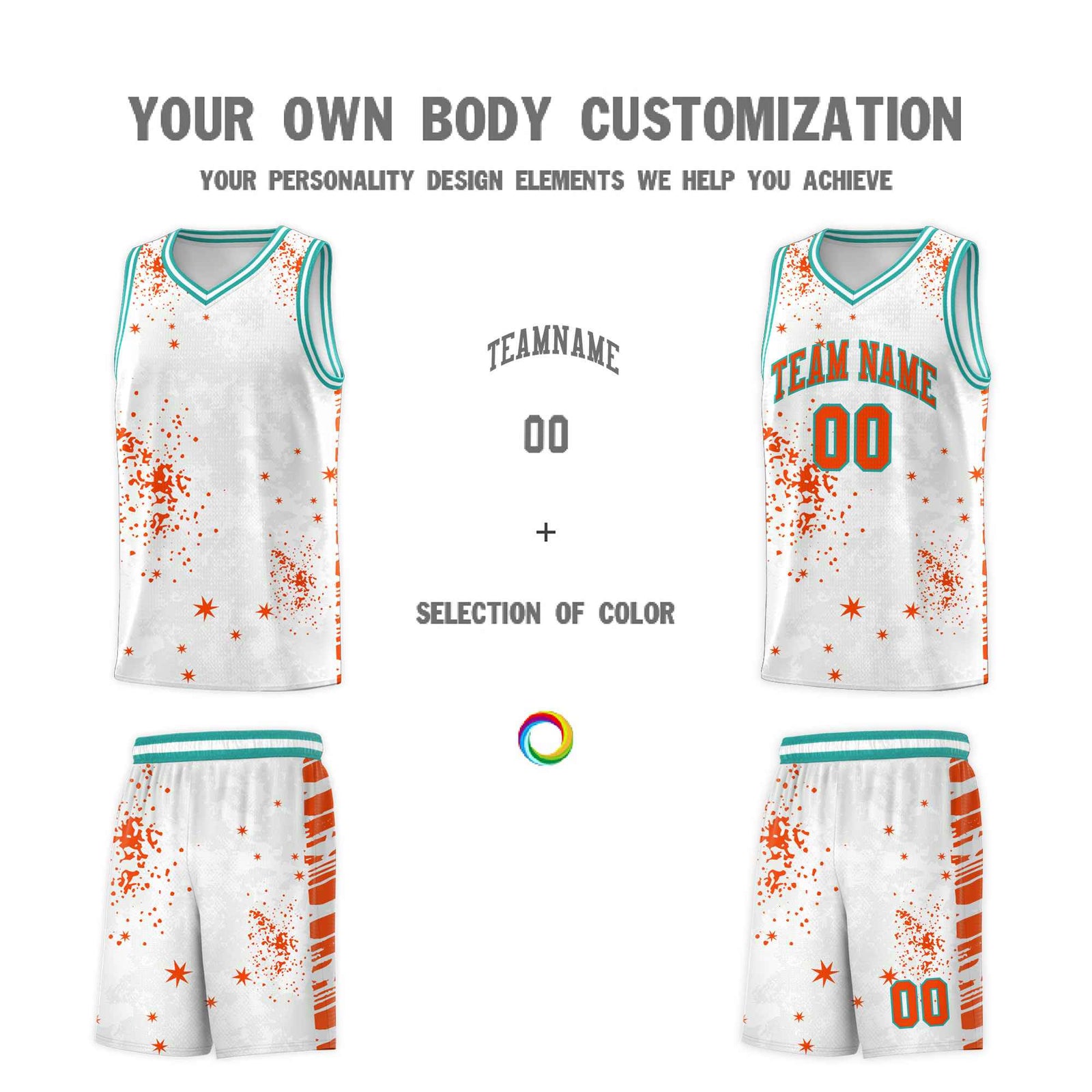 Custom Orange Aqua Vice Burst Galactic Graffiti Quick-Drying Basketball Jersey