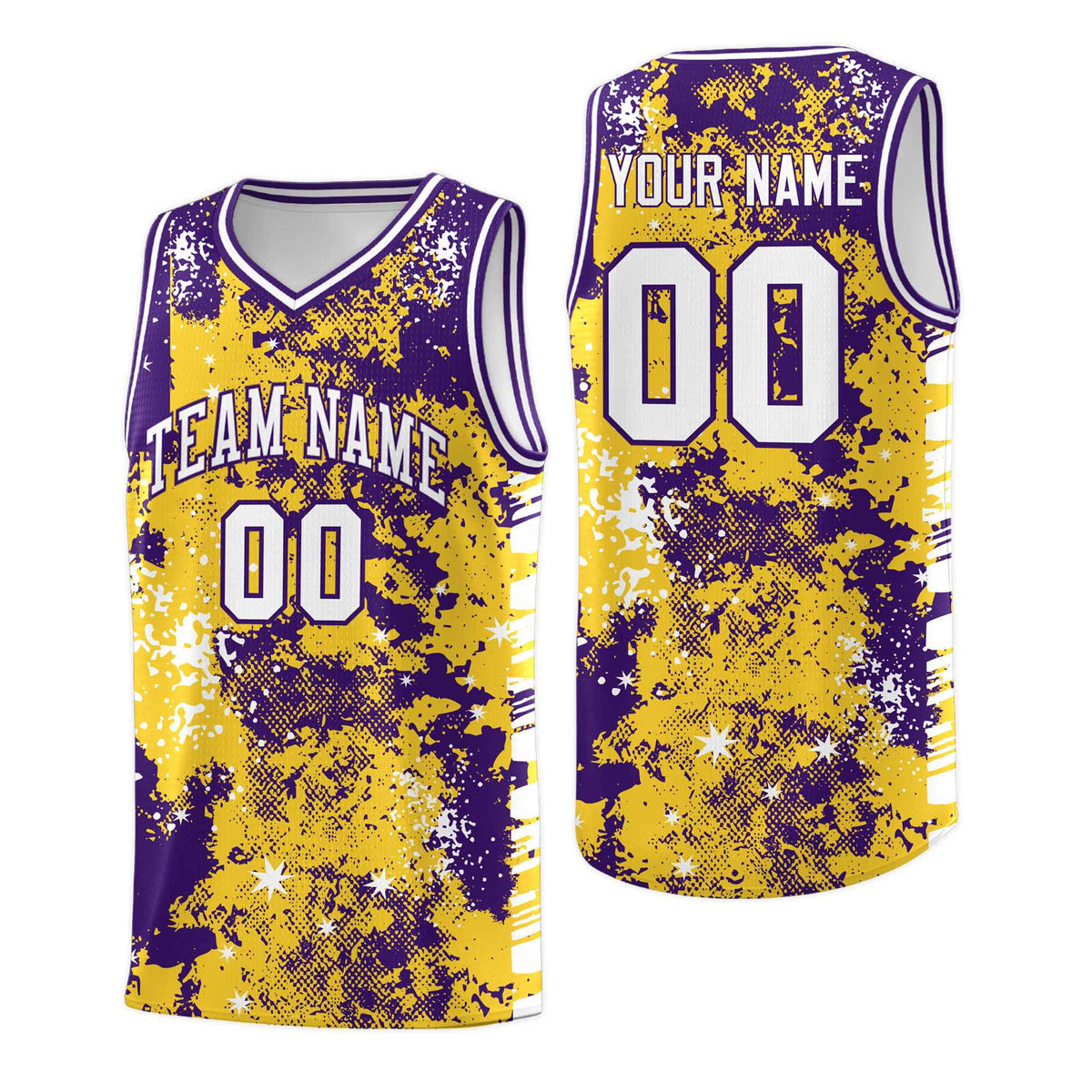 Custom Gold Purple Vice Burst Galactic Graffiti Drapable Basketball Jersey