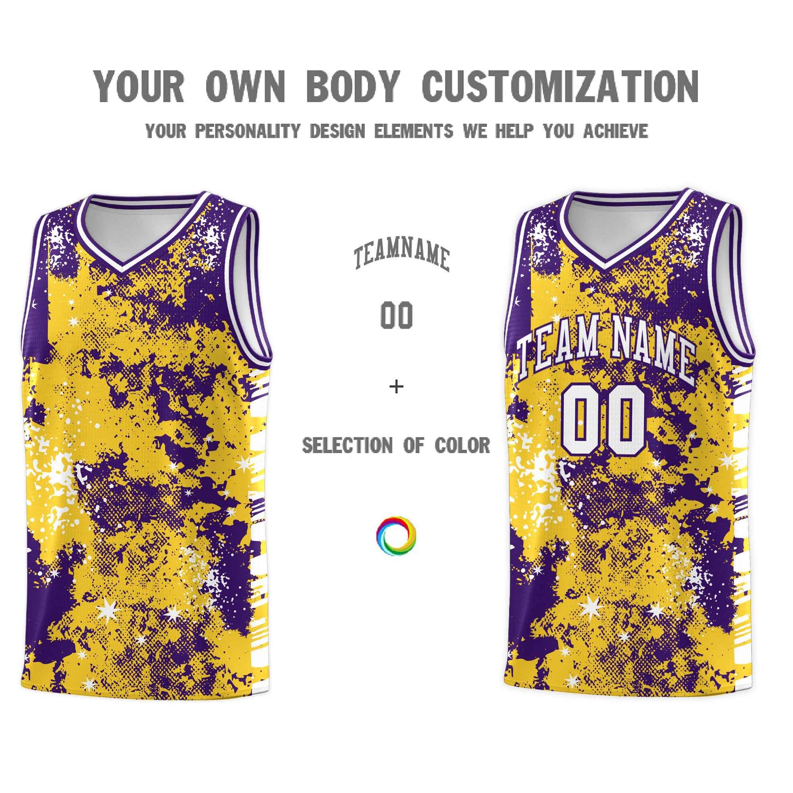 Custom Gold Purple Vice Burst Galactic Graffiti Drapable Basketball Jersey