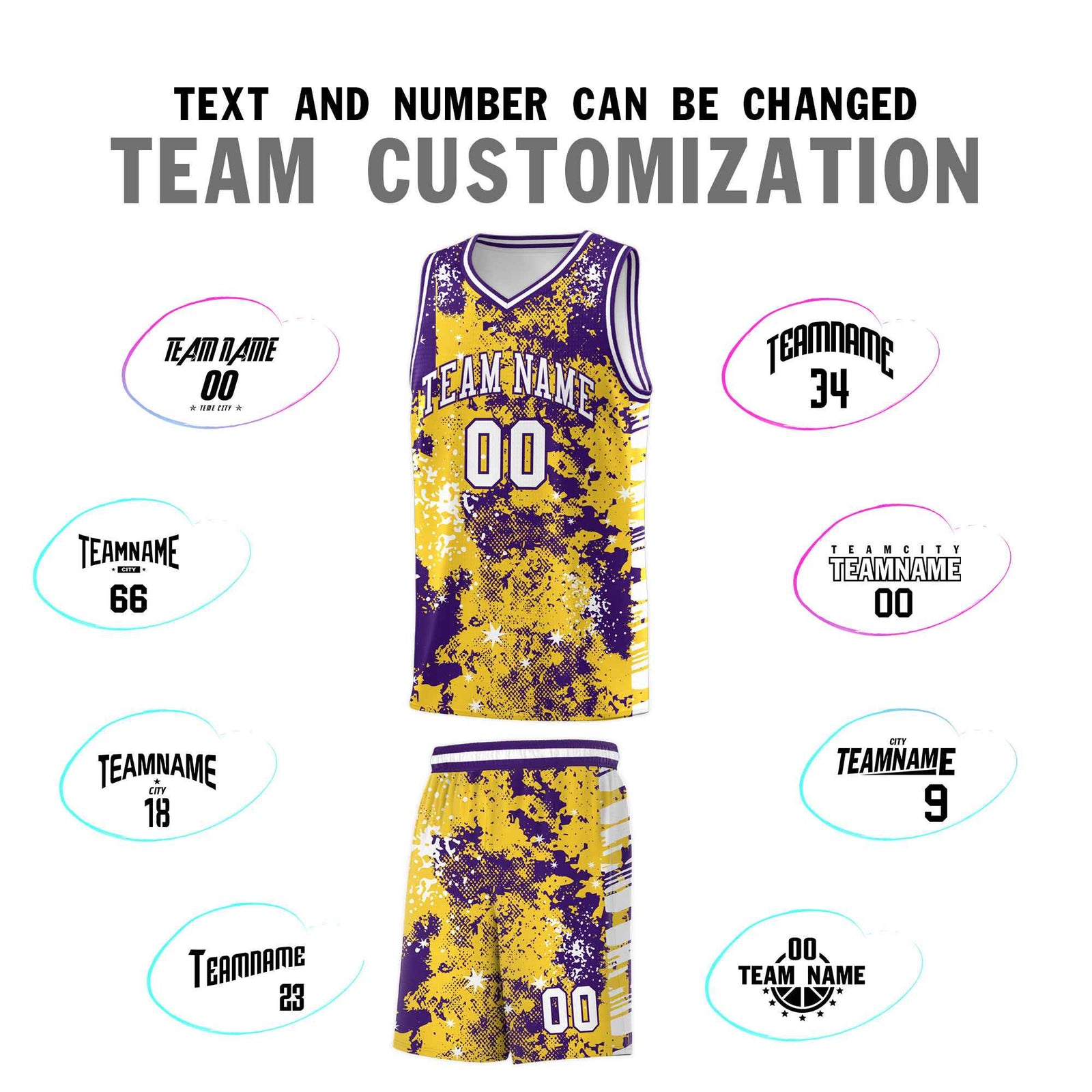 Custom Gold Purple Vice Burst Galactic Graffiti Drapable Basketball Jersey