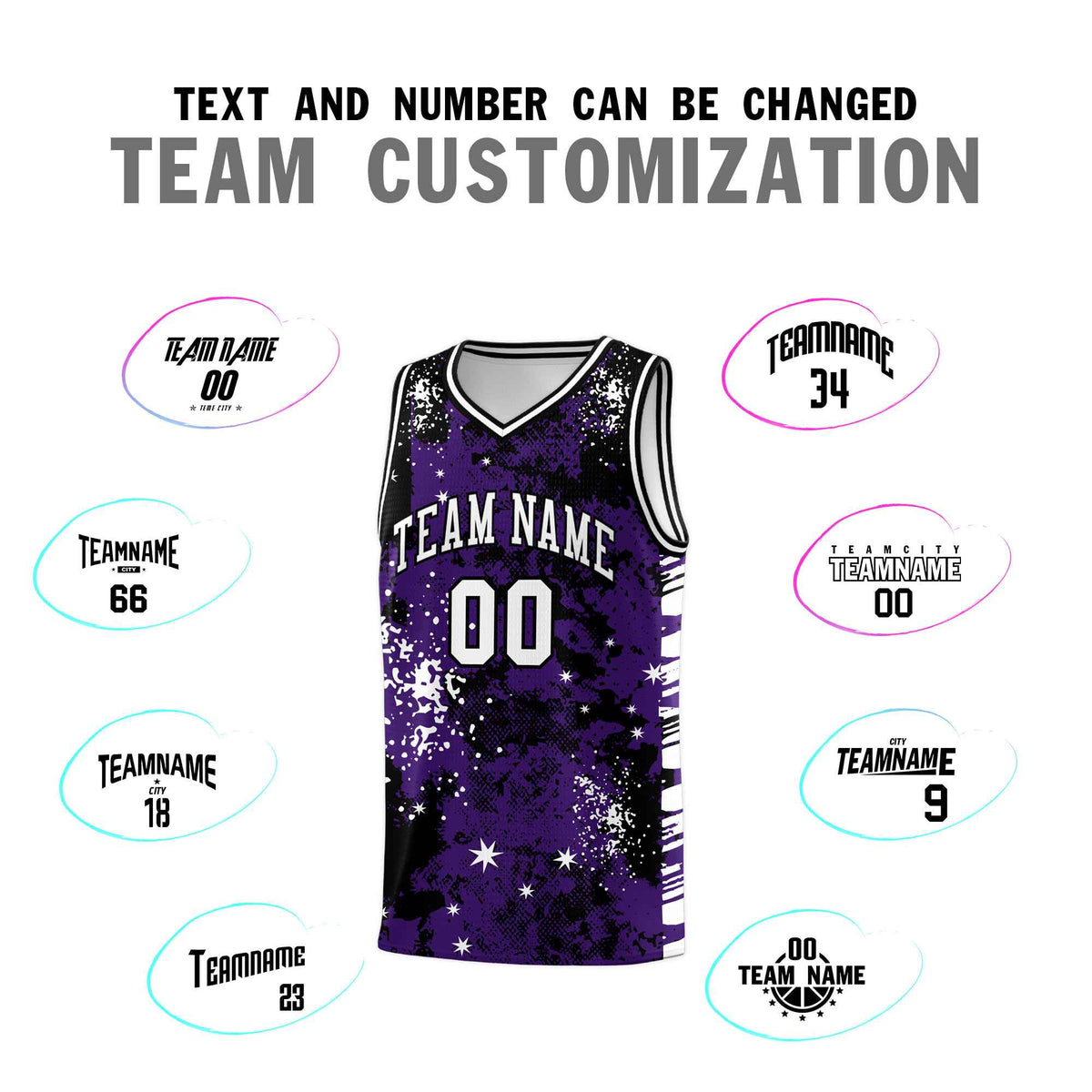 Custom Purple Black Vice Burst Galactic Graffiti Stretch Fabric Basketball Jersey