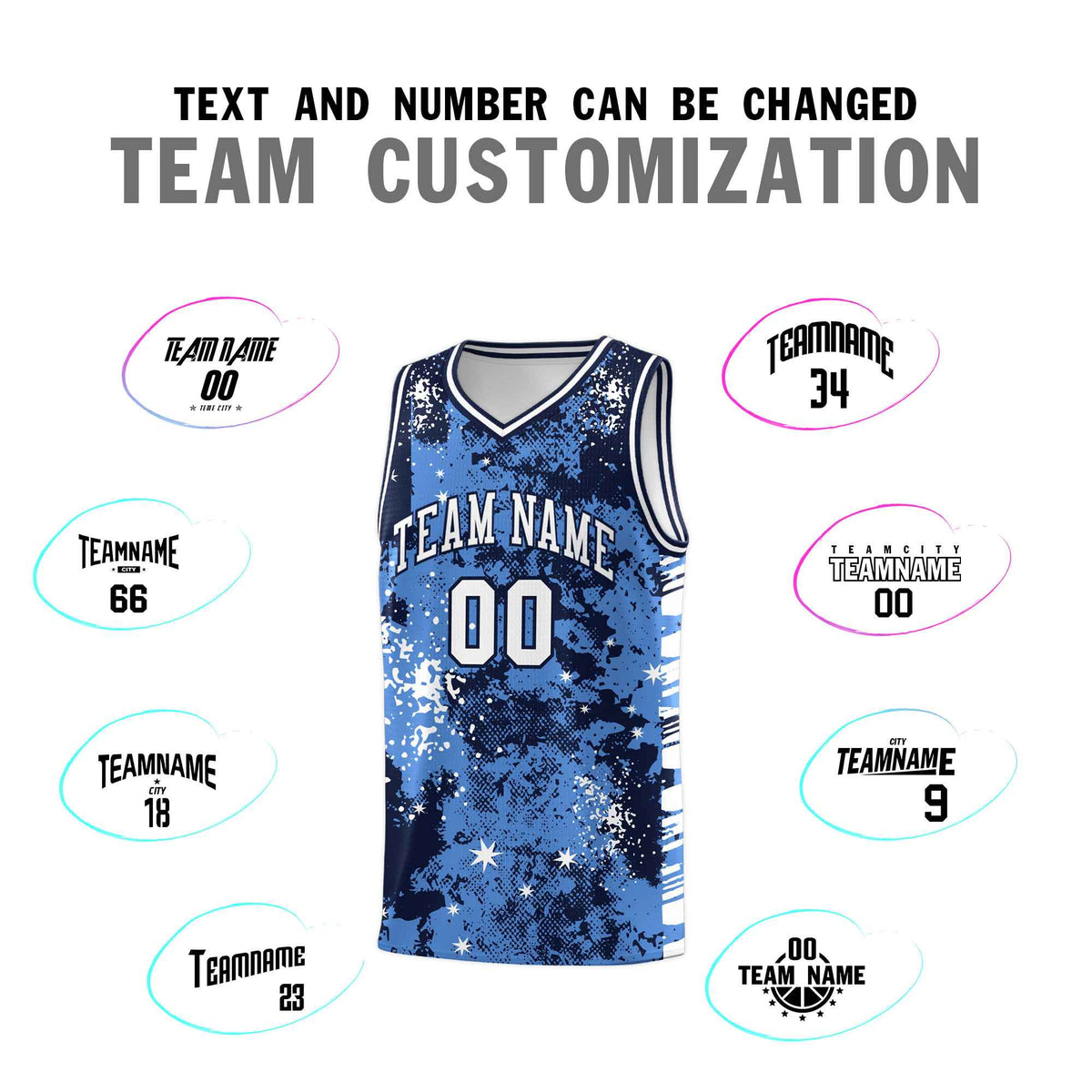 Custom Powder Blue Navy Vice Burst Galactic Graffiti Drapable Basketball Jersey