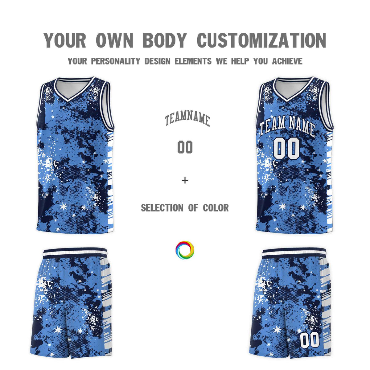 Custom Powder Blue Navy Vice Burst Galactic Graffiti Drapable Basketball Jersey