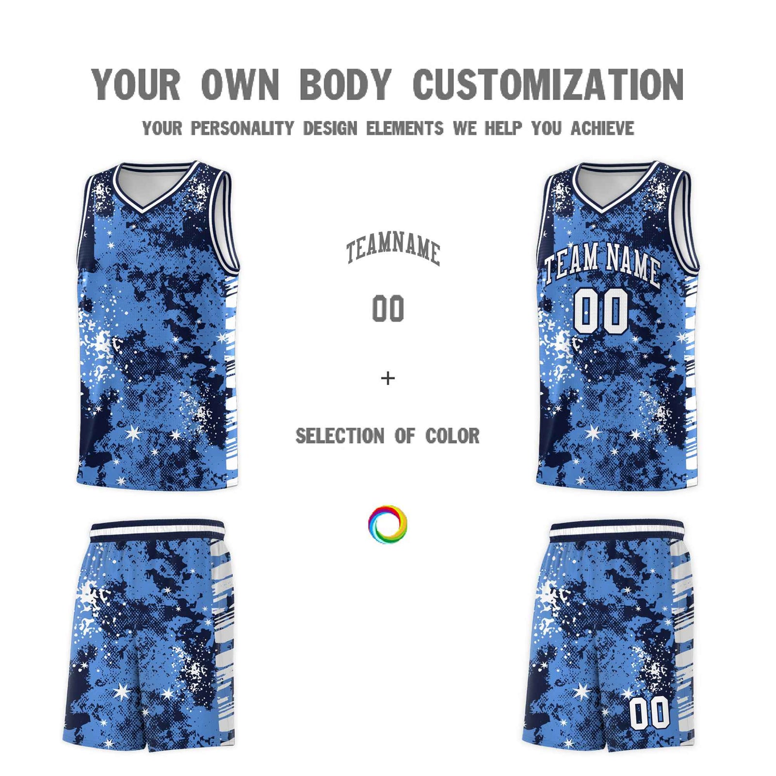 Custom Powder Blue Navy Vice Burst Galactic Graffiti Drapable Basketball Jersey